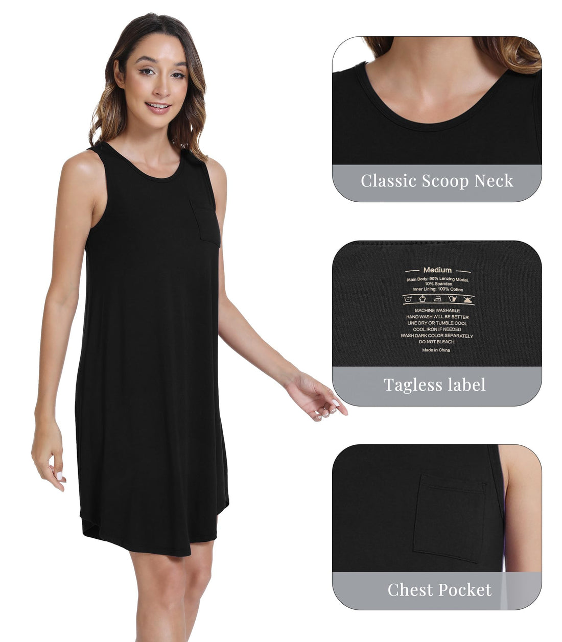 WiWi Tank Nightgown for Women Soft Comfy Sleeveless Sleep Gowns Viscose from Bamboo Cooling Sleepwear S-XXL WEBE CLOTHING