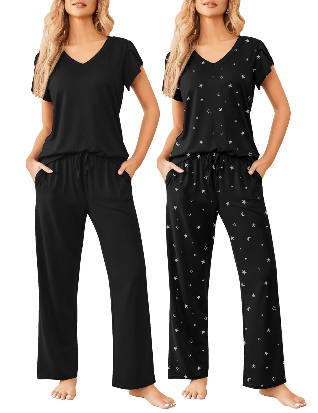 Ekouaer 2 Pack Womens Pajamas Short Sleeve Sleepwear Top with Pants Super-Soft Printed Lounge Sets S-XXL