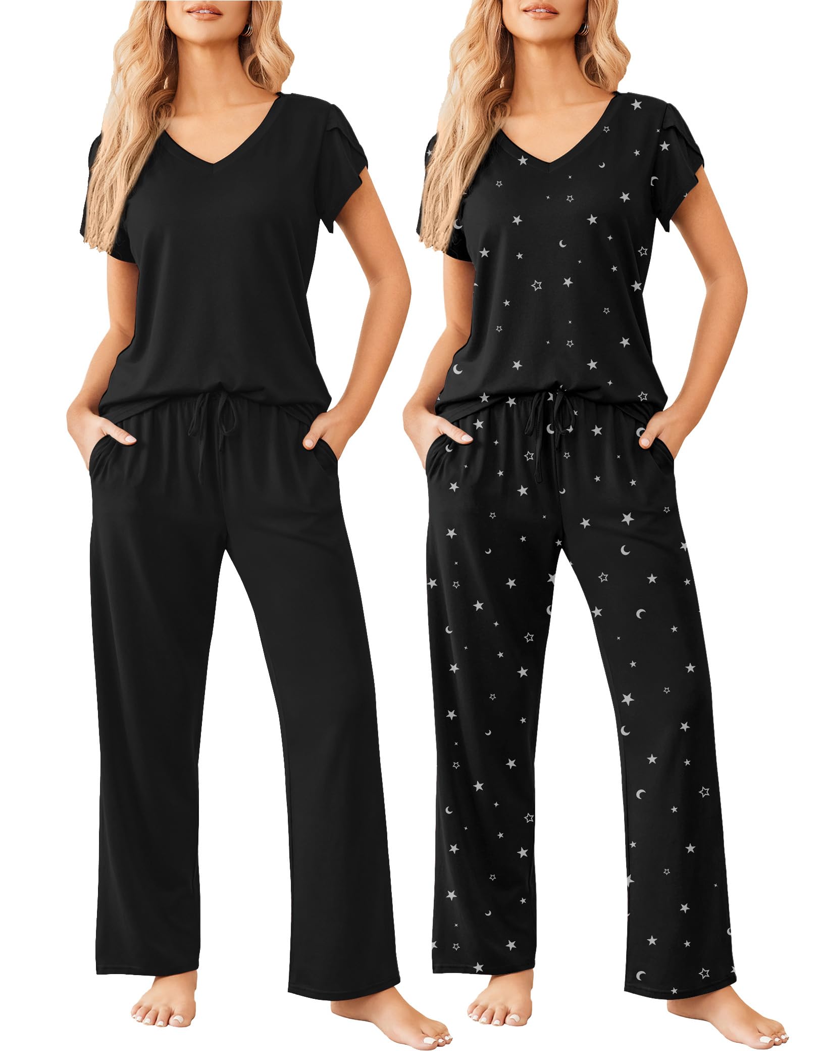 Ekouaer 2 Pack Womens Pajamas Short Sleeve Sleepwear Top with Pants Super-Soft Printed Lounge Sets S-XXL