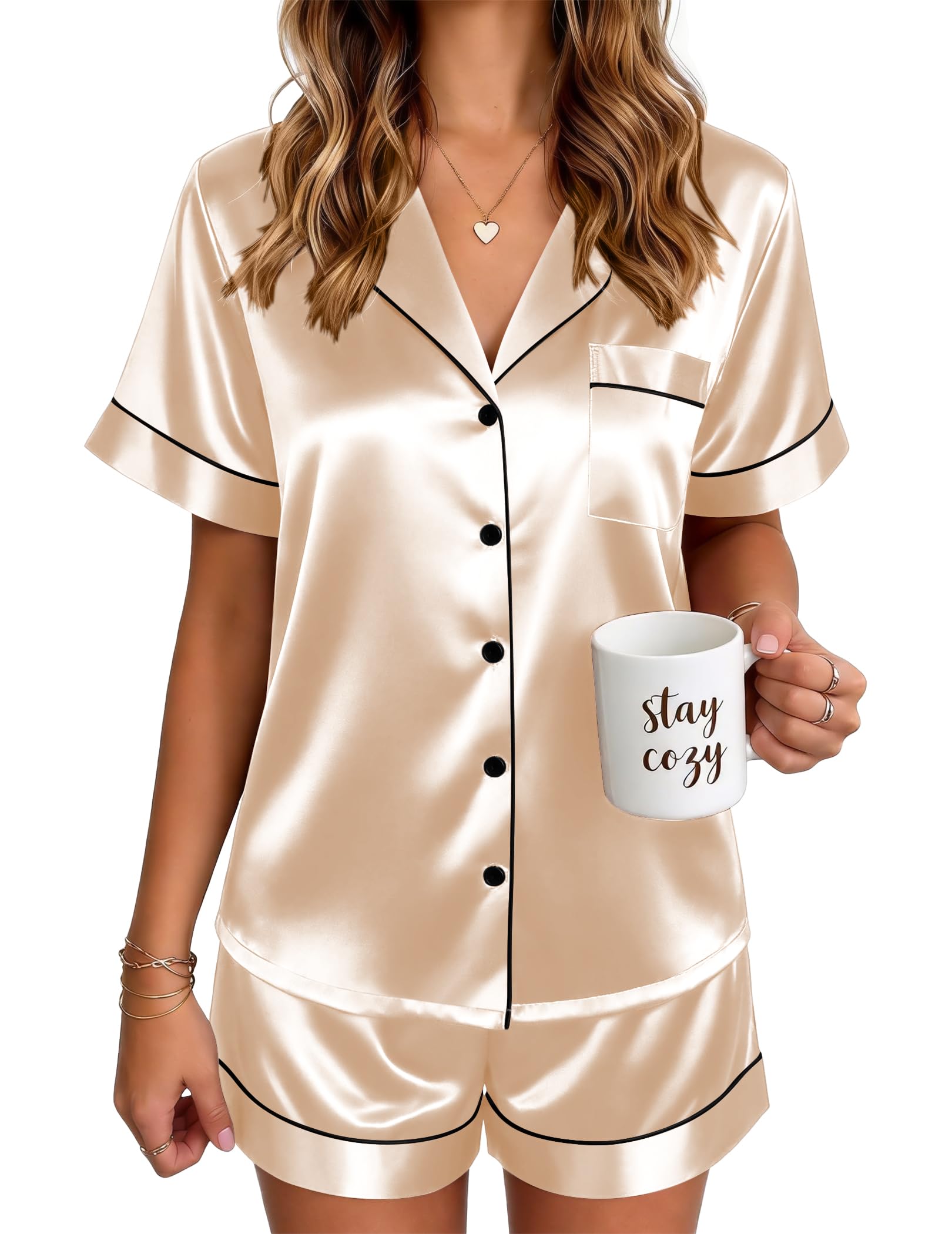 Ekouaer Satin Pajamas for Women Silk Pjs Short Set 2 Piece Button Up Lounge Sets Short Sleeve Sleepwear S-XXL