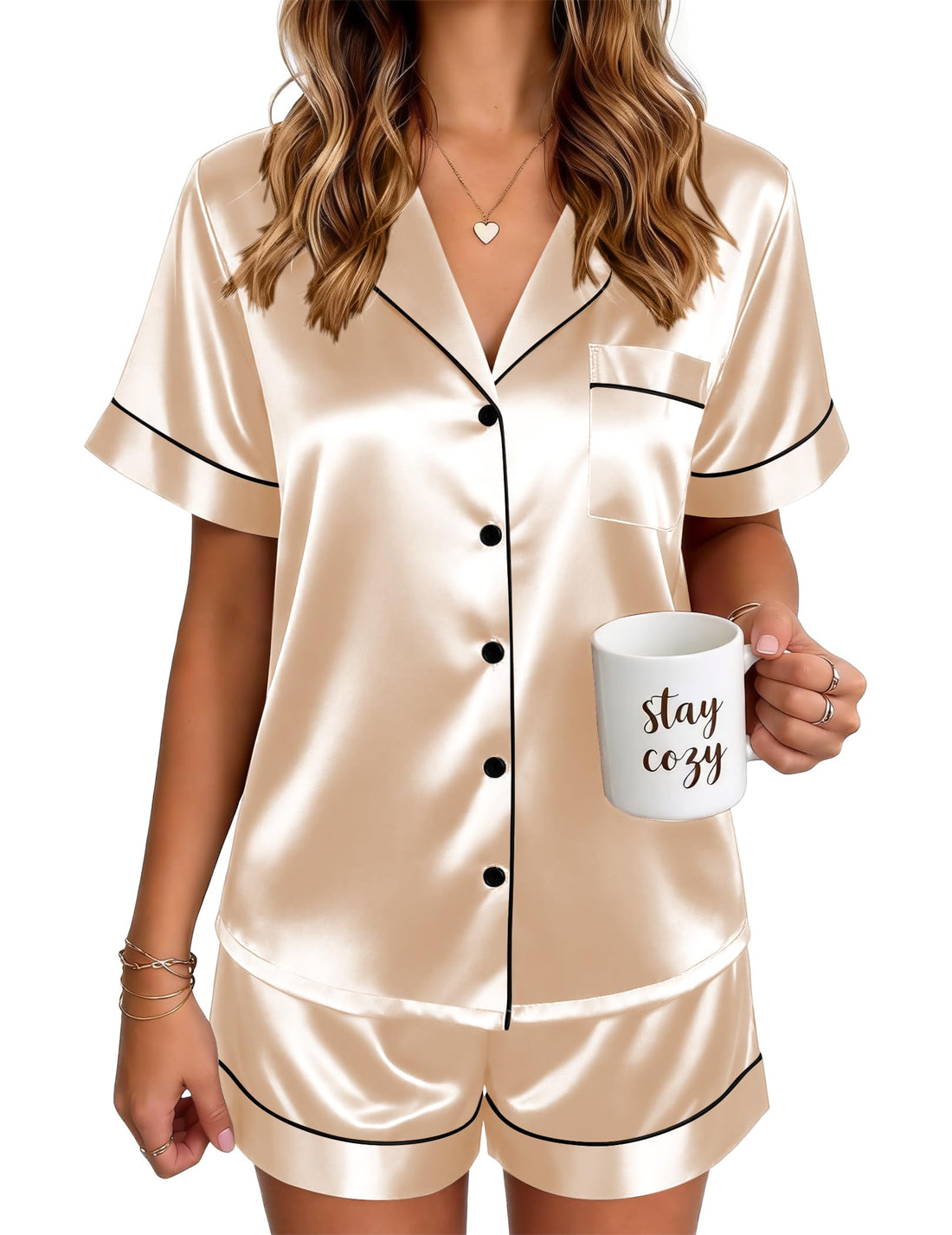 Ekouaer Satin Pajamas for Women Silk Pjs Short Set 2 Piece Button Up Lounge Sets Short Sleeve Sleepwear S-XXL