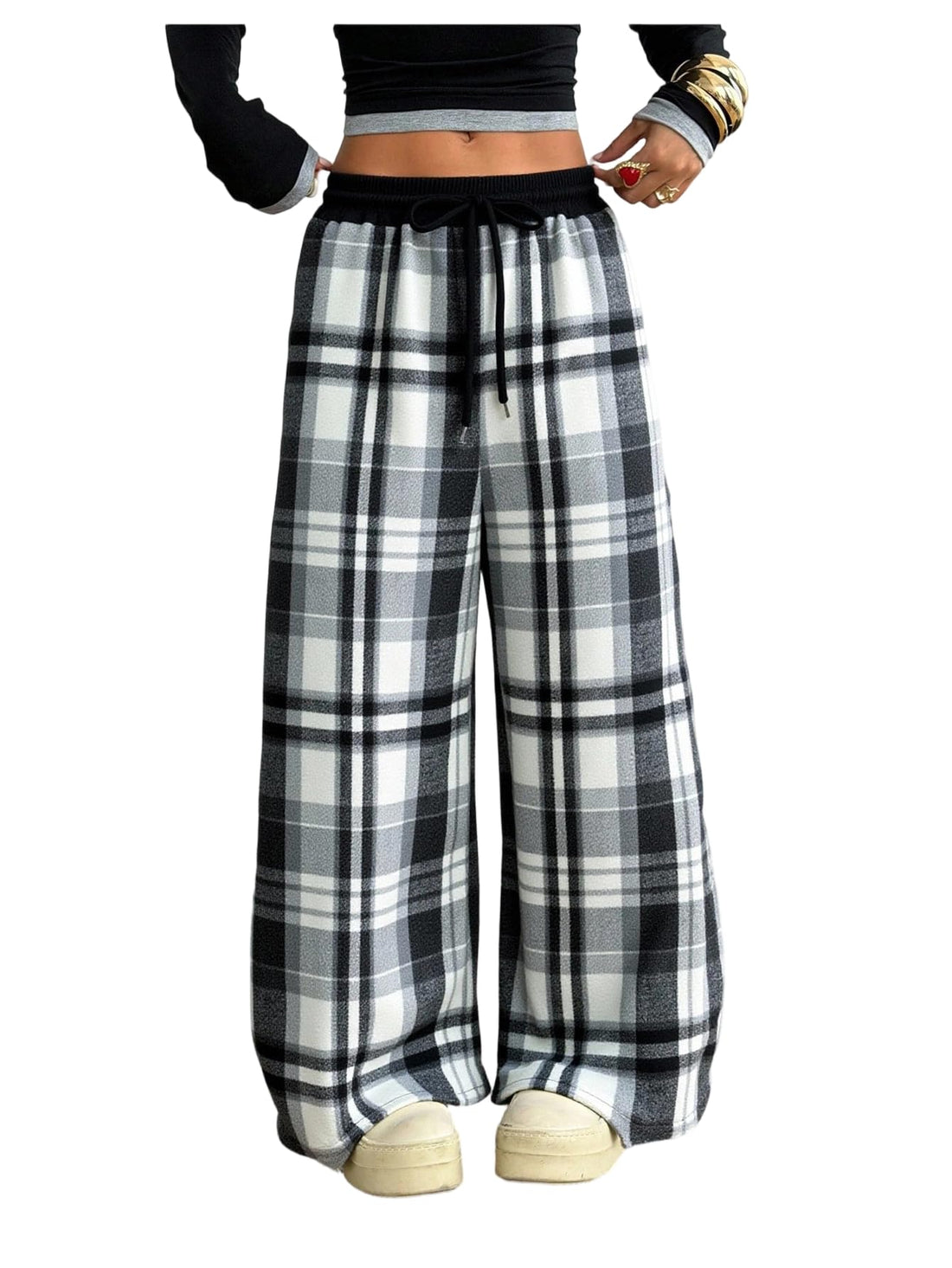 SOLY HUX Women's Plaid Checkered Pants Flannel Pajama Pants Lounge Wide Leg Baggy Sweatpants with Pockets