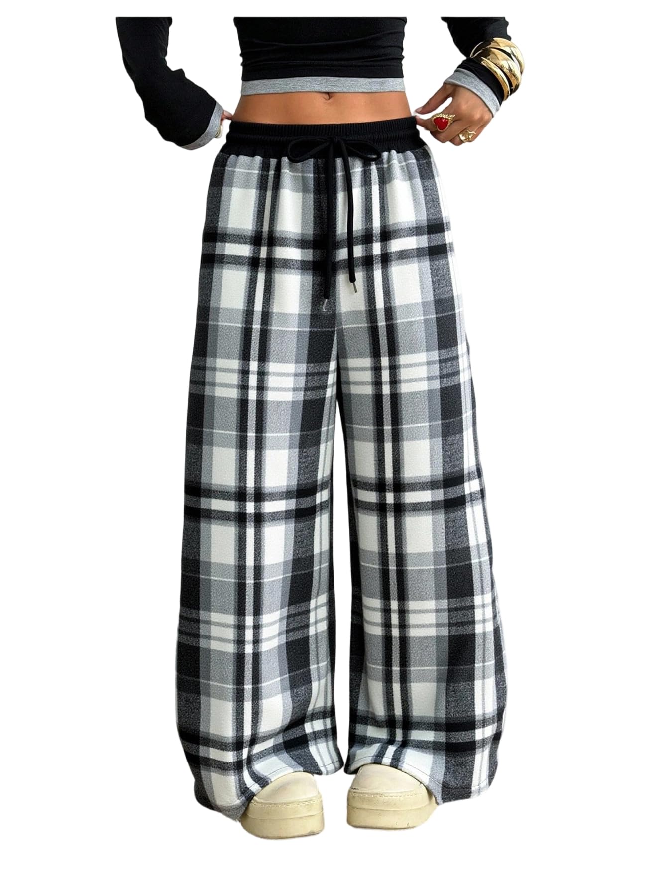SOLY HUX Women's Plaid Checkered Pants Flannel Pajama Pants Lounge Wide Leg Baggy Sweatpants with Pockets