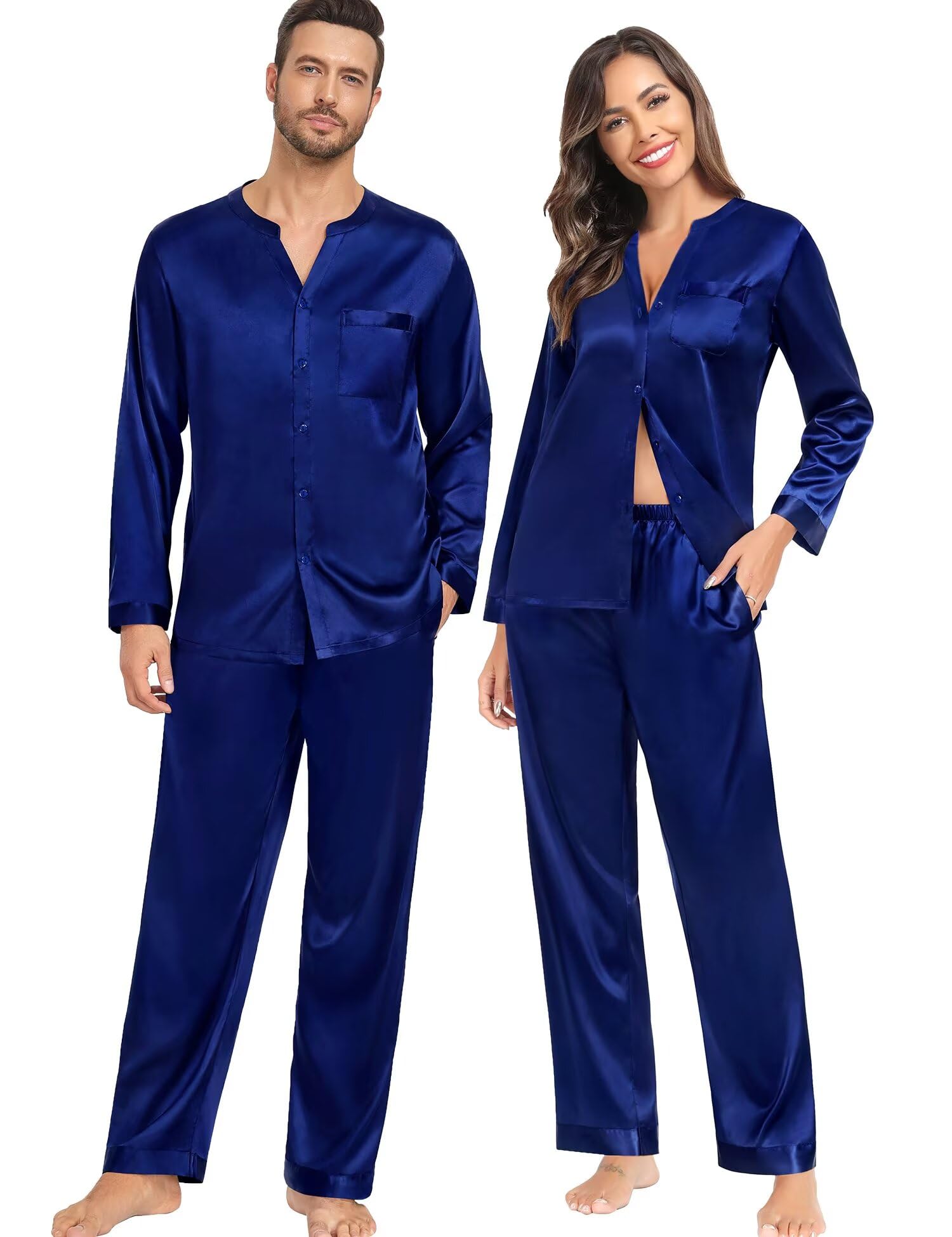 SWOMOG Family Matching Pajama Set 2Pcs Silk Satin Sleepwear Long Sleeve Button Down Loungewear