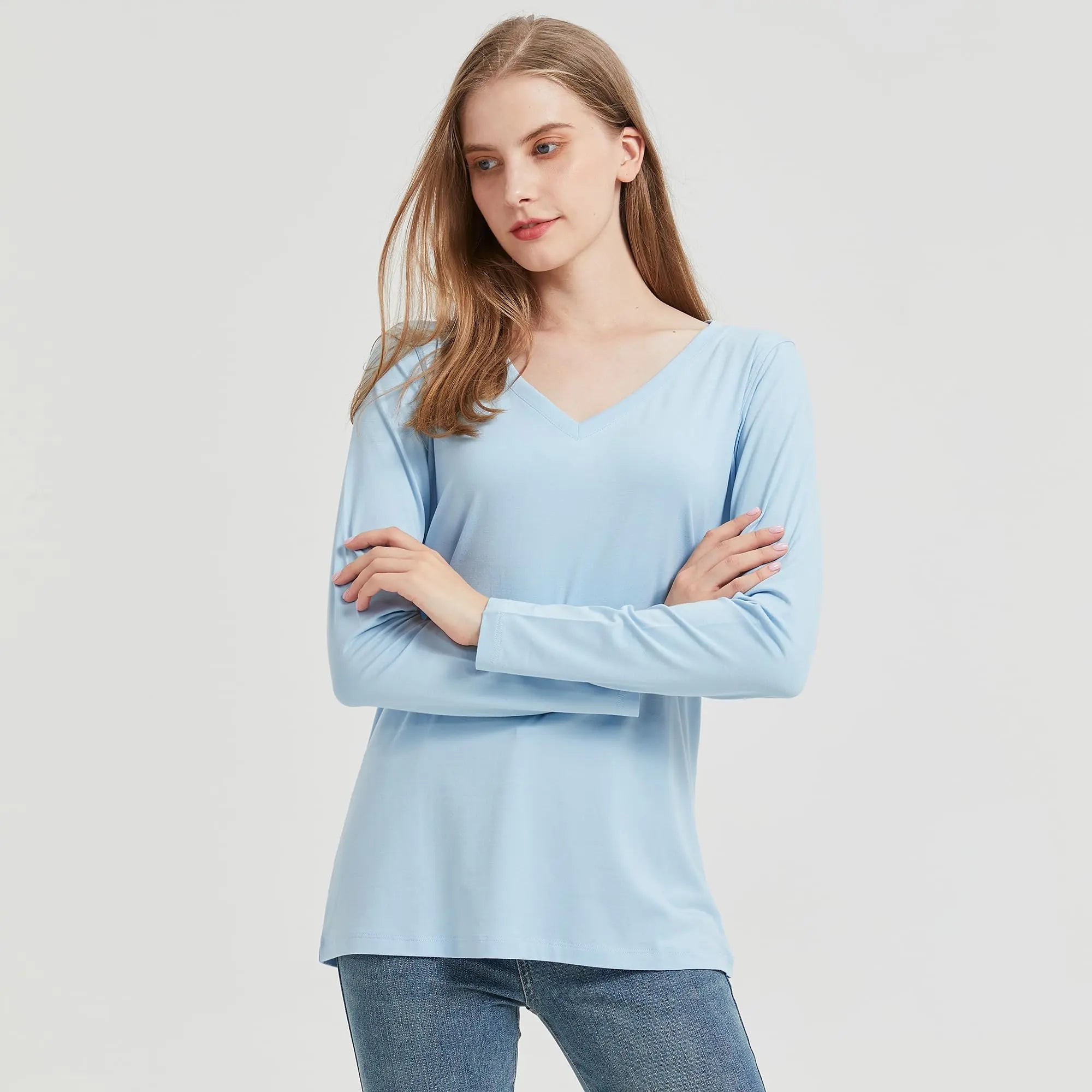 netdraw Women's Bamboo Viscose Long Sleeve V-Neck T-Shirt Soft Comfy Trendy Casual Sleep Pajama Lounge Tops