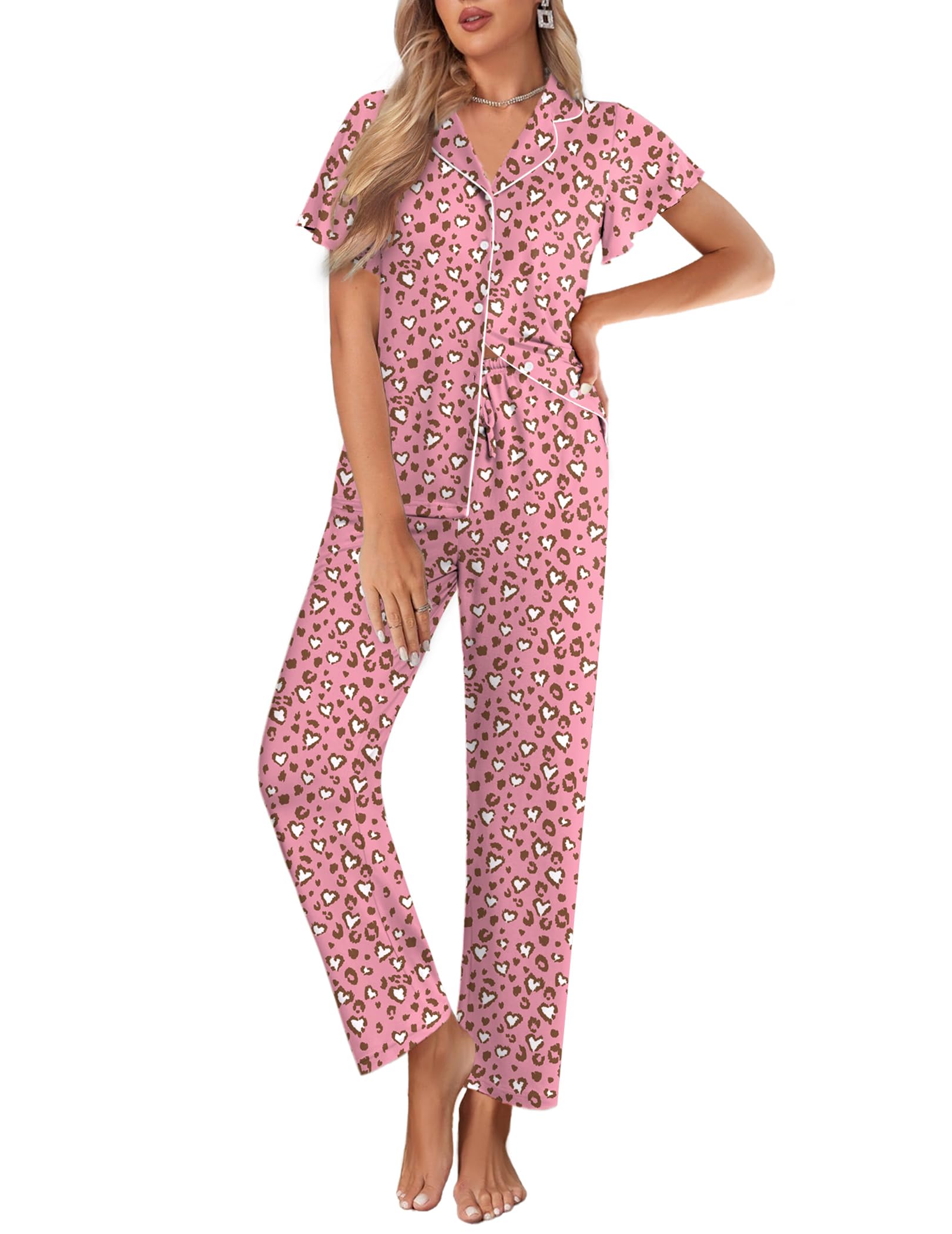 Ekouaer Pajamas for Women Set Button Up Sleepwear Cute Pjs Ruffle Sleeve Notch Collar Loungewear with Long Pants S-XXL