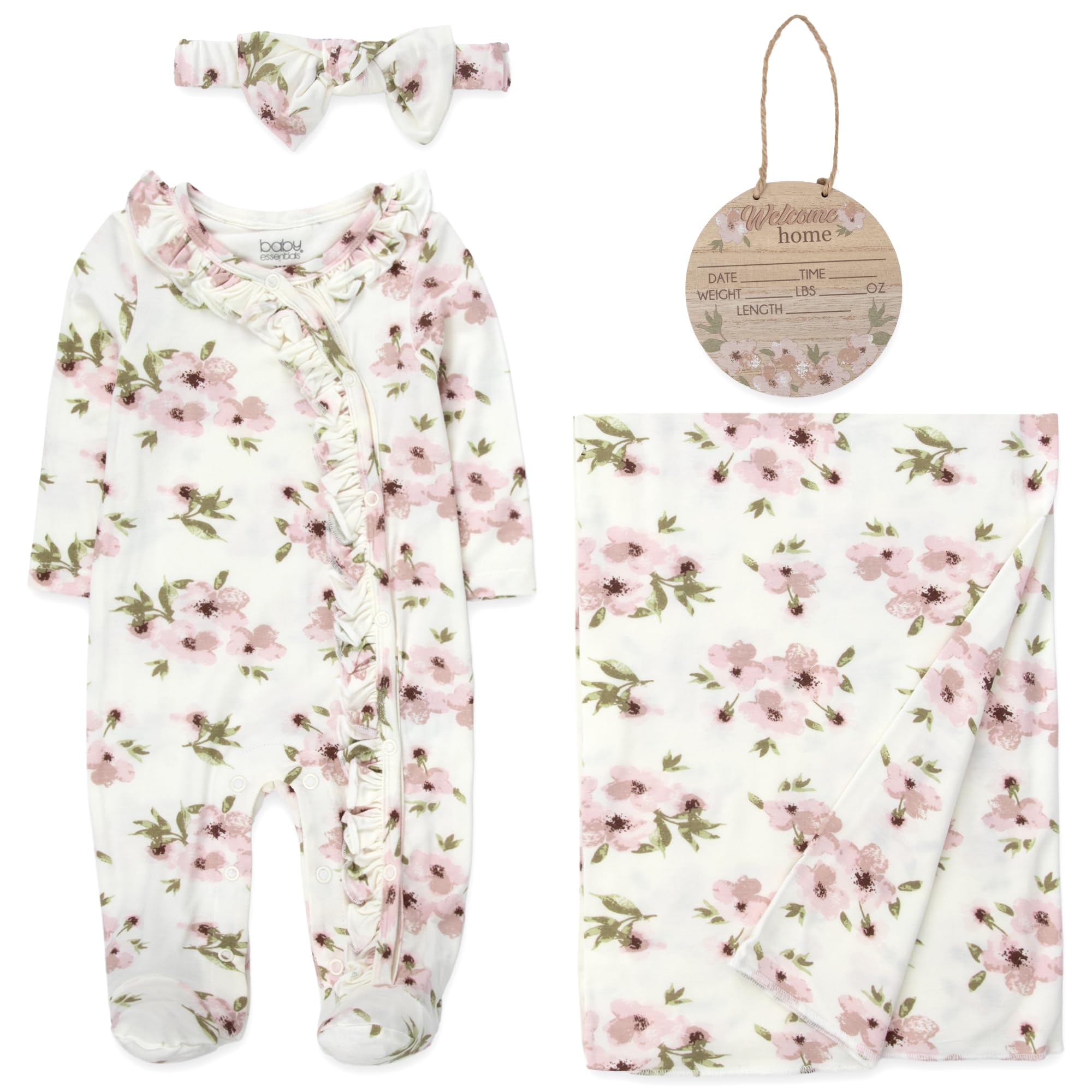 Newborn Baby 4 Piece Coming Home Outfit Gift Set – Footie Sleeper, Blanket, Headband & Ornament for Boys & Girls