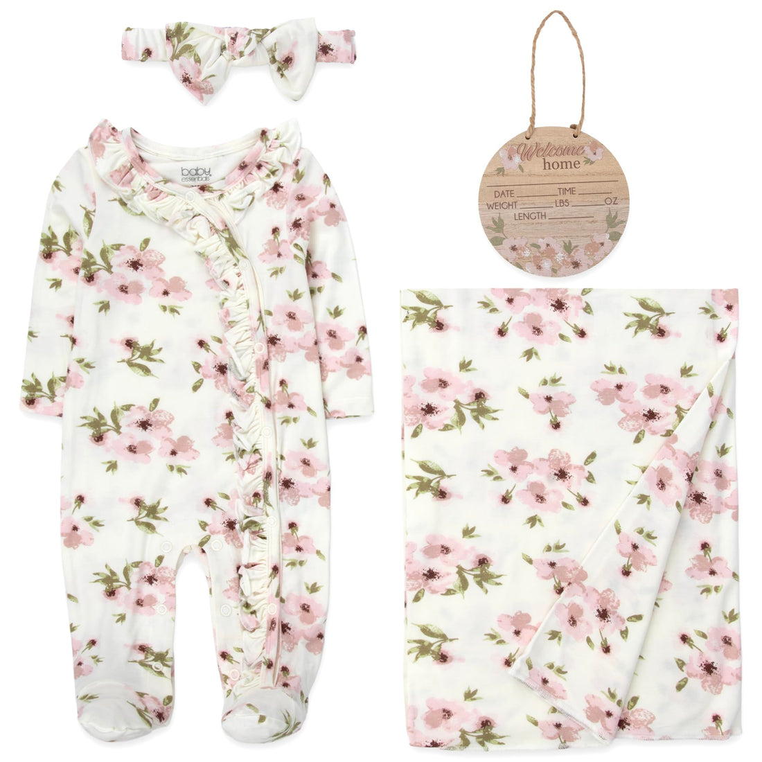 Newborn Baby 4 Piece Coming Home Outfit Gift Set – Footie Sleeper, Blanket, Headband & Ornament for Boys & Girls