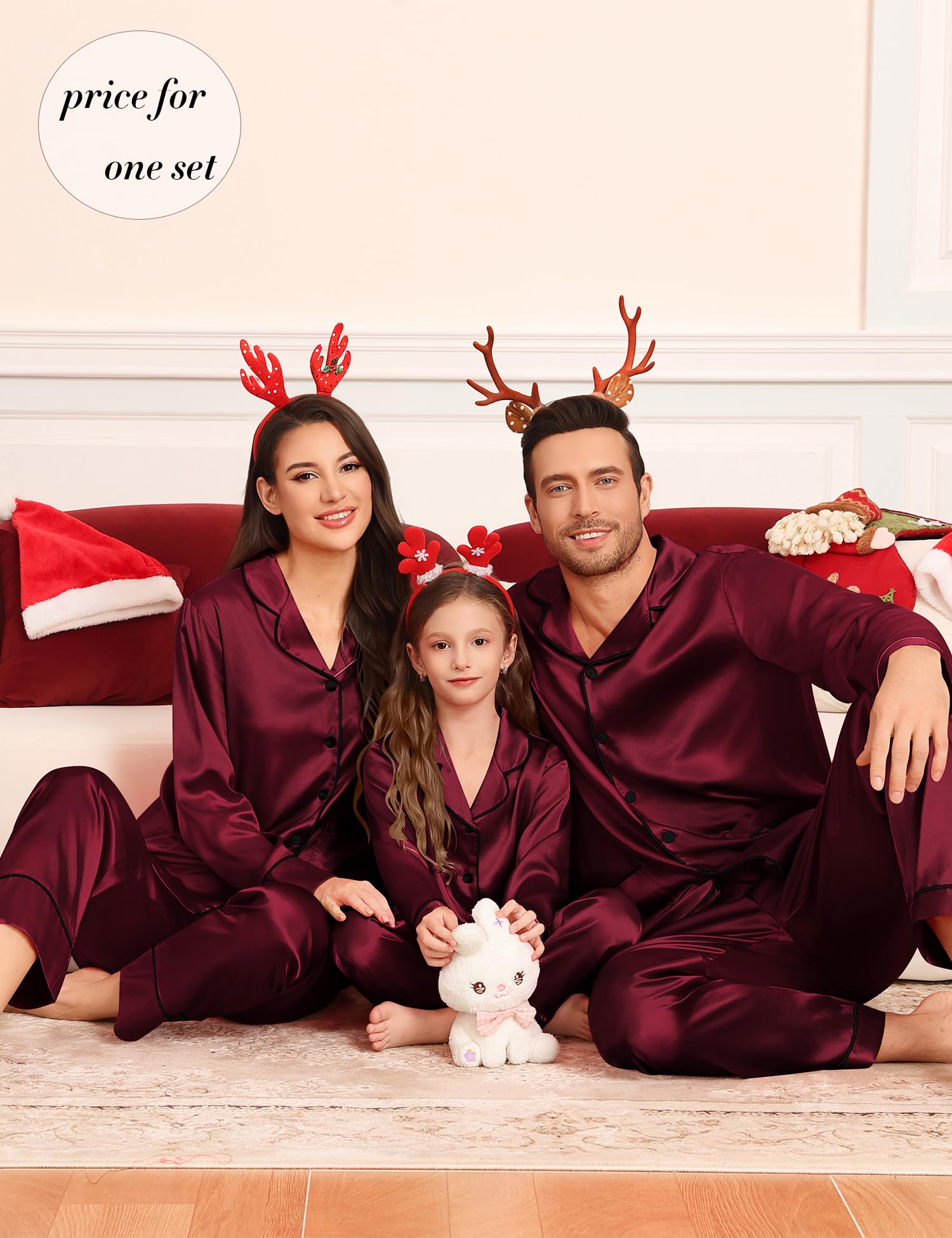 SWOMOG Matching Family Pajamas Set Women & Men & Kids Silk Satin Pjs 2 Pcs Long Sleeve Button Down Sleepwear with 2 Pockets