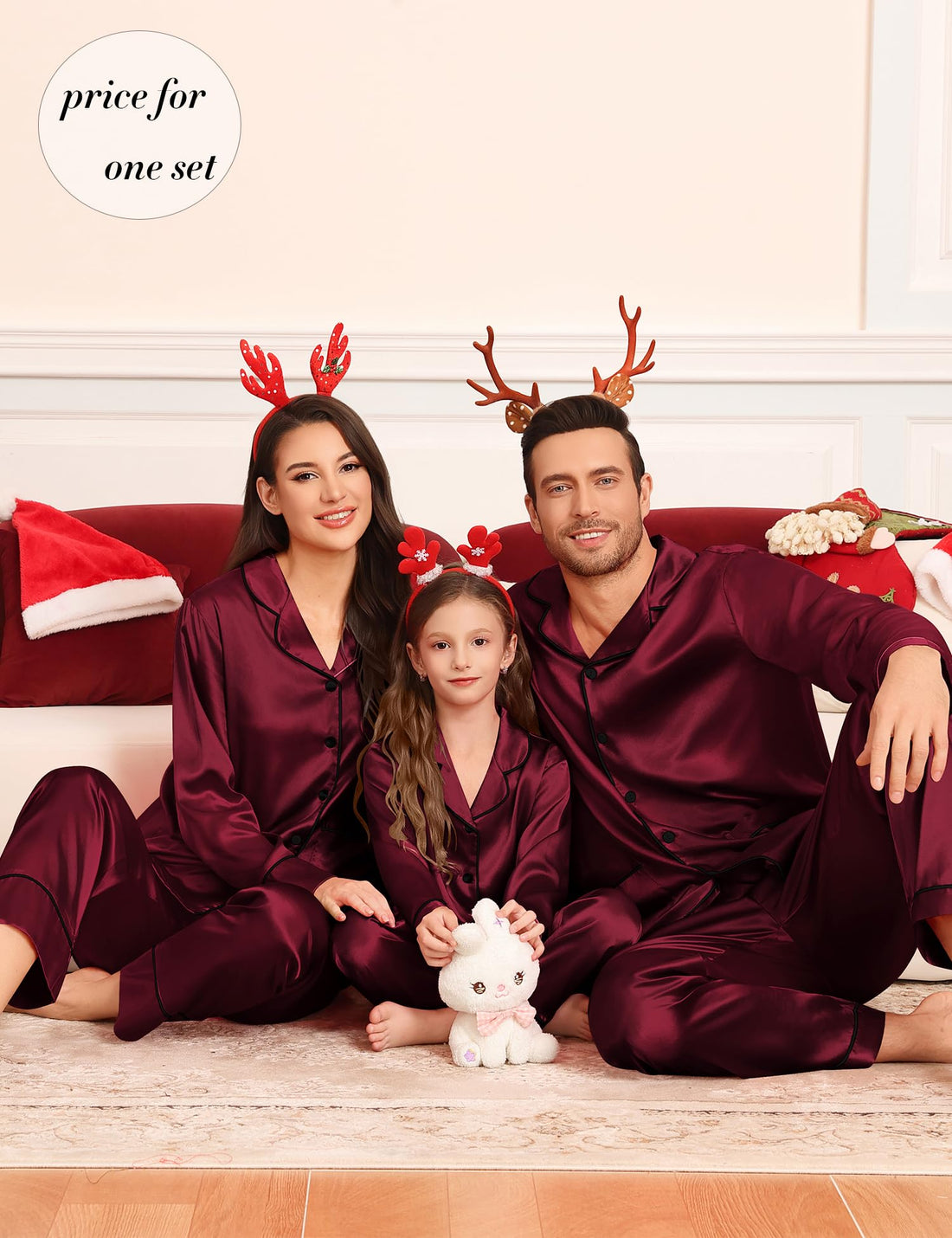SWOMOG Matching Family Pajamas Set Women & Men & Kids Silk Satin Pjs 2 Pcs Long Sleeve Button Down Sleepwear with 2 Pockets
