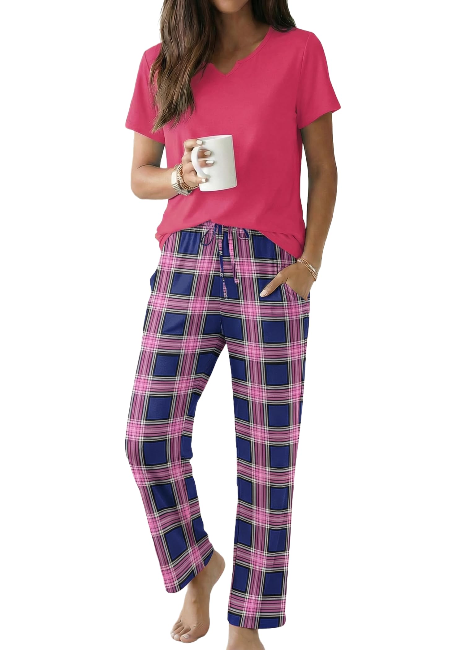 Ekouaer 2 Piece Womens Pajamas Short Sleeve Top and Long Pants Pjs Set Printed Sleepwear with Pocket WEBE CLOTHING