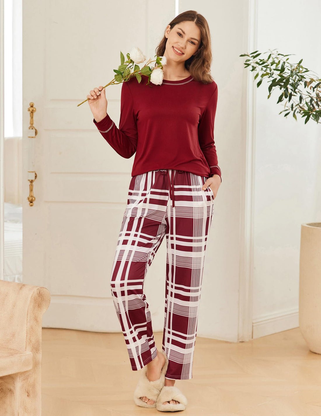 Ekouaer 2 Pack Women Pajama Long Sleeve Sleepwear Soft Loungewear Pjs Sets with Pockets S-XXL