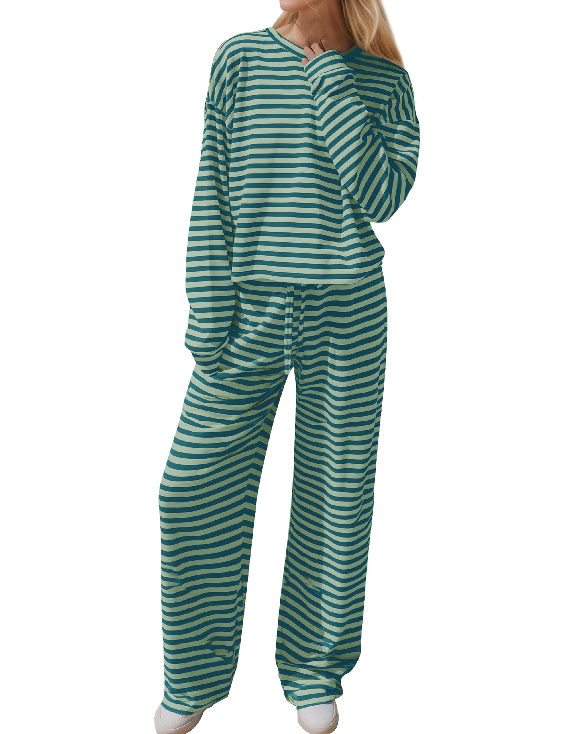 MISSACTIVER Women's Striped 2 Piece Lounge Set Casual Long Sleeve T-Shirt Drawstring Wide Leg Pants Matching Pajamas Set