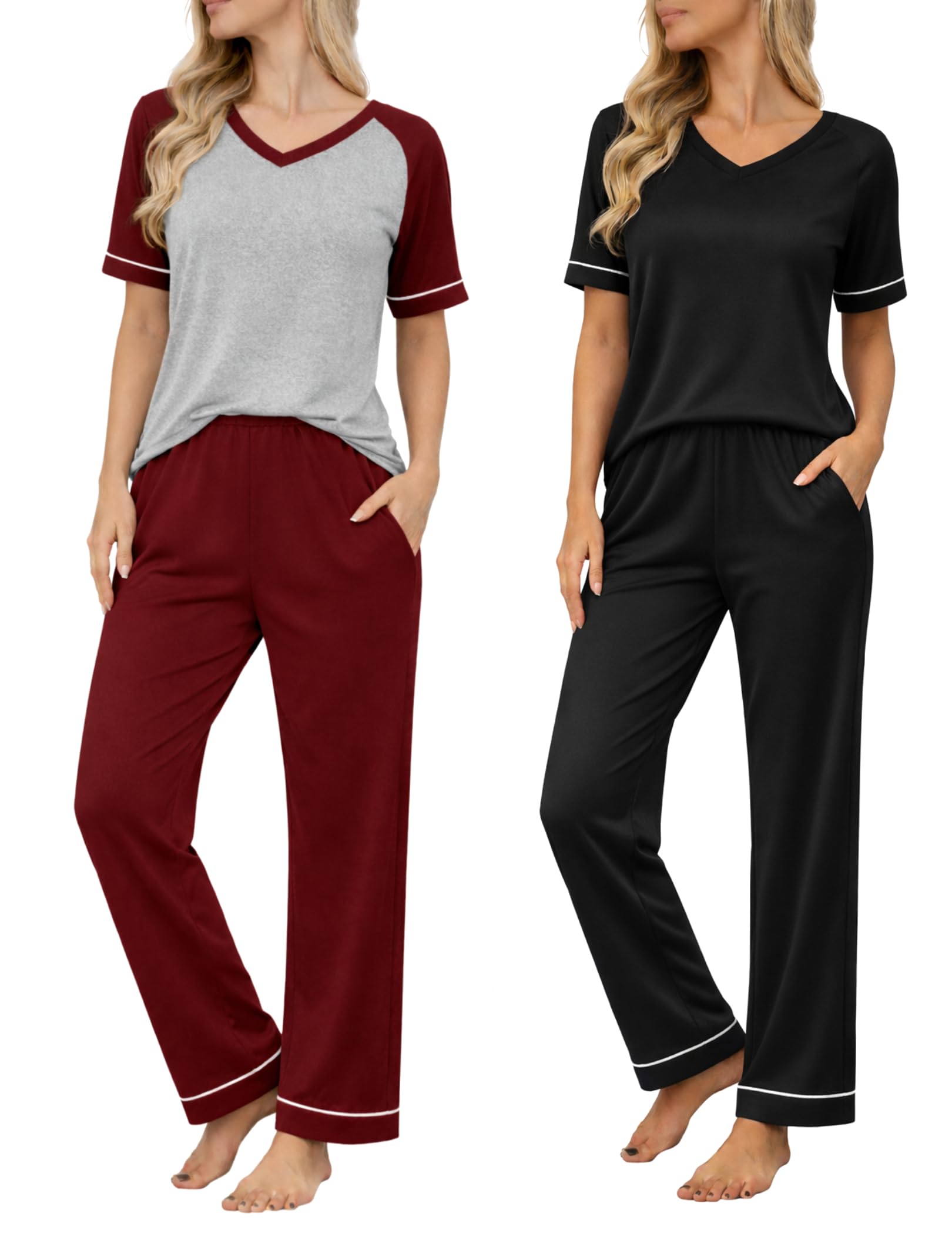 Ekouaer Womens Pajama Set Short Sleeve Pajamas Top and Pants V Neck Pjs Set Soft Loungewear with Pockets