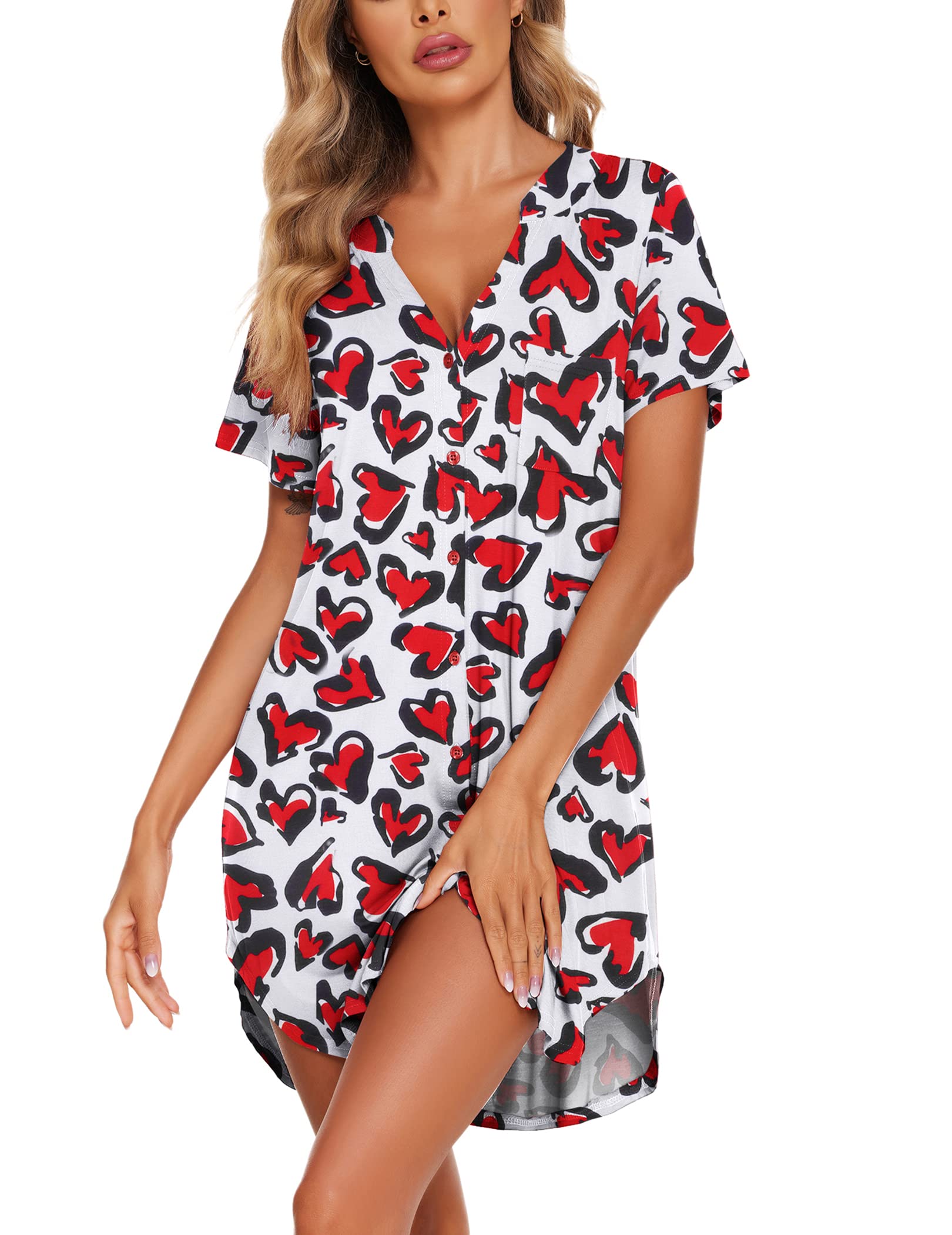 Ekouaer Women V Neck Button Down Nightgown