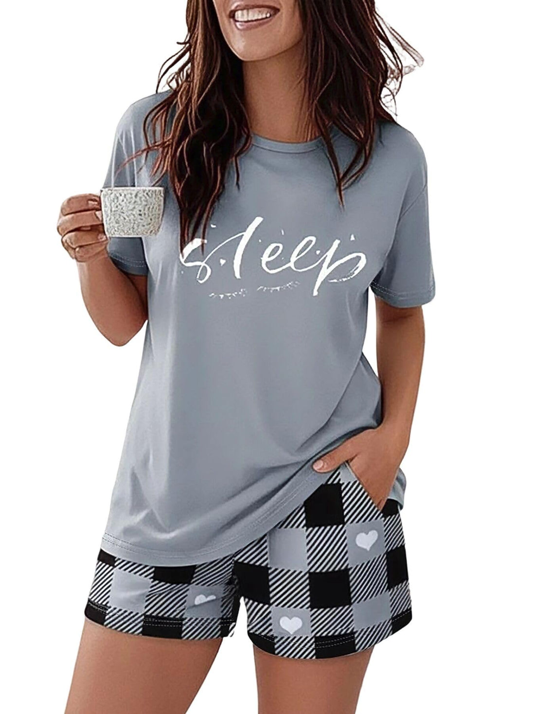 CHICME Pajamas Set for Women 2 Piece Pjs Lounge Set Soft Short Sleeve Tops and Sleep Shorts with Pocket