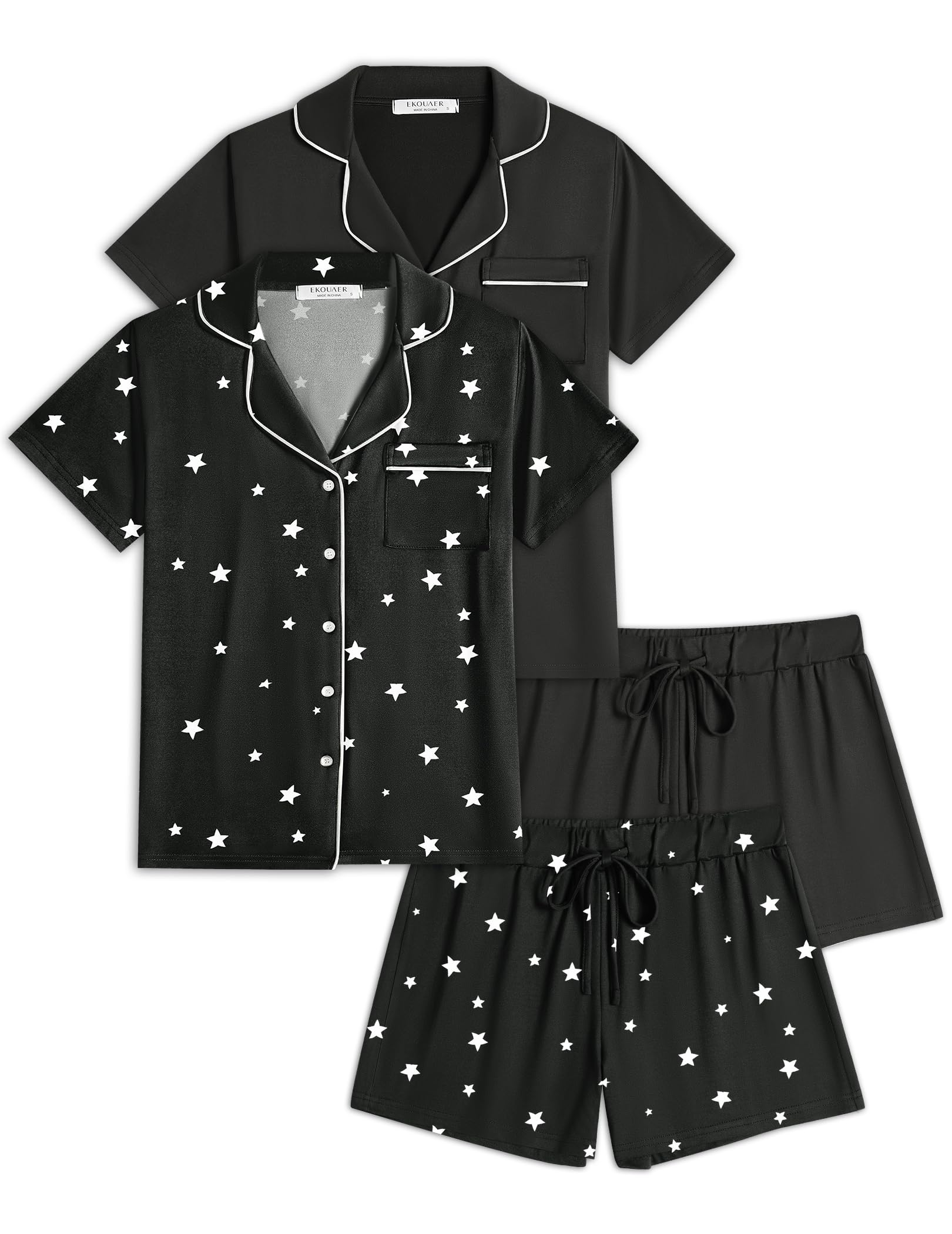 Ekouaer Womens Pajamas Set 2 Pack Button Down Summer Sleepwear Short Sleeve Comfy Pjs Loungewear Set