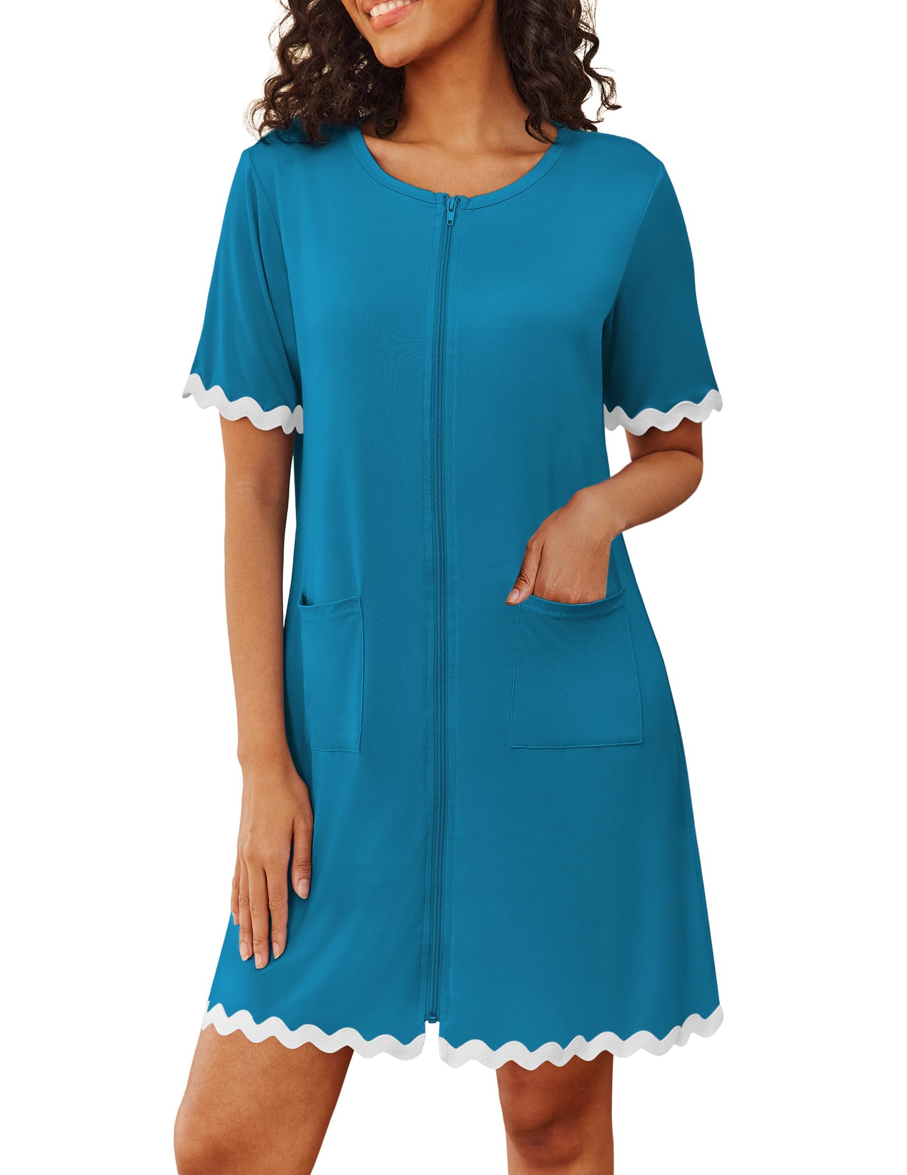 Ekouaer Women Zip Up Robe Lightweight Housecoats with Pockets Knee Length Short Bathrobes Soft Nightgown S-3XL