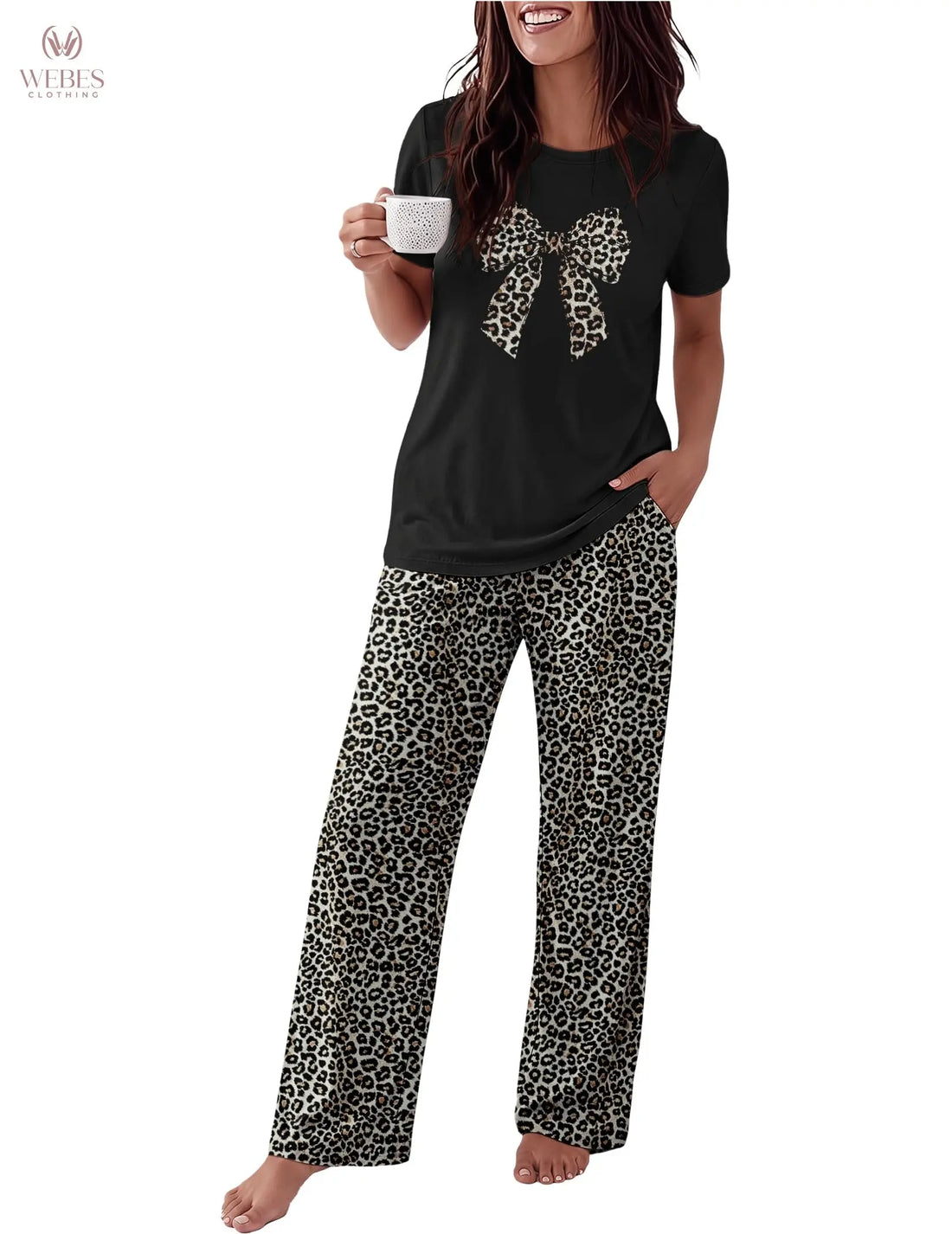 Ekouaer Pajama Set for Women 2 Piece Pjs Short Sleeve Top and Printed Pants | Womens Round Neck Lounge Sets Short Sleeve Sleepwear with Loose Pants for Daily Wear, Home Lounging, Casual Errands WEBE CLOTHING