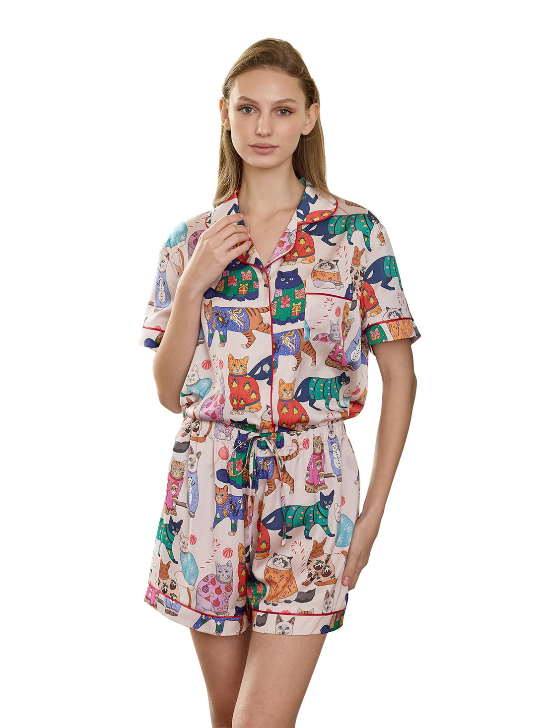 Christmas Pajamas Shorts Silk Pjs Women Satin Pajama Cute Print Tee and Shorts Gift Sleepwear 2 Pieces Loungewear