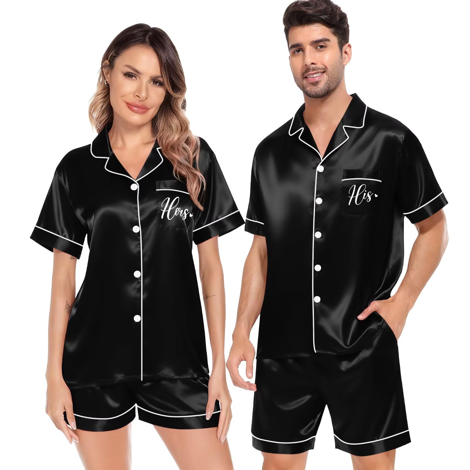 SWOMOG Satin Matching Pajamas Sets Couple Silk Button Down Nightwear Women & Men Short Sleeve Sleepwear 2 Pieces Loungewear