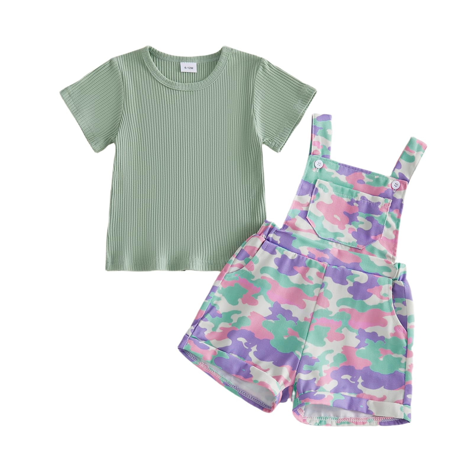 Toddler Baby Girls Summer Outfits T-Shirt Overalls Shorts Set | Short Sleeve Ribbed Shirt, Flower/Apple/Strawberry/Camo/Star/Bee Suspender Overalls, Kid 2Pcs Clothing, Spring Clothes 12M-5Y WEBE CLOTHING