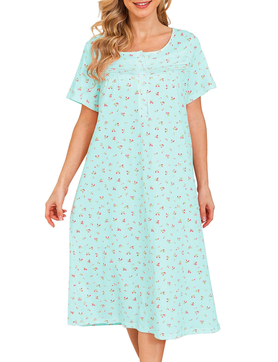 Bloggerlove Nightgowns for Women 100% Cotton Soft House Dress | 100 Full Cotton, Button Neck, Knee Length, Lace Trim Floral, Breathable, Skin-frieend, Loose Fit, Comfy Sleepwear WEBE CLOTHING