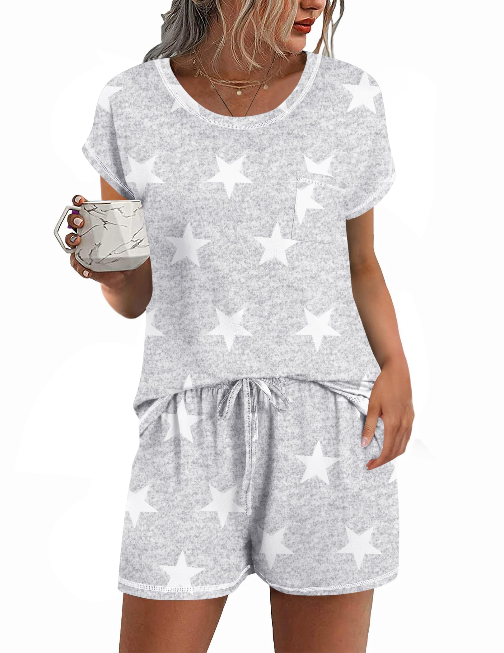 Ekouaer Womens Pajama Sets 2 Piece Soft Short Sleeve Top and Shorts Sleepwear Round Neck Pjs Lounge Set with Pockets