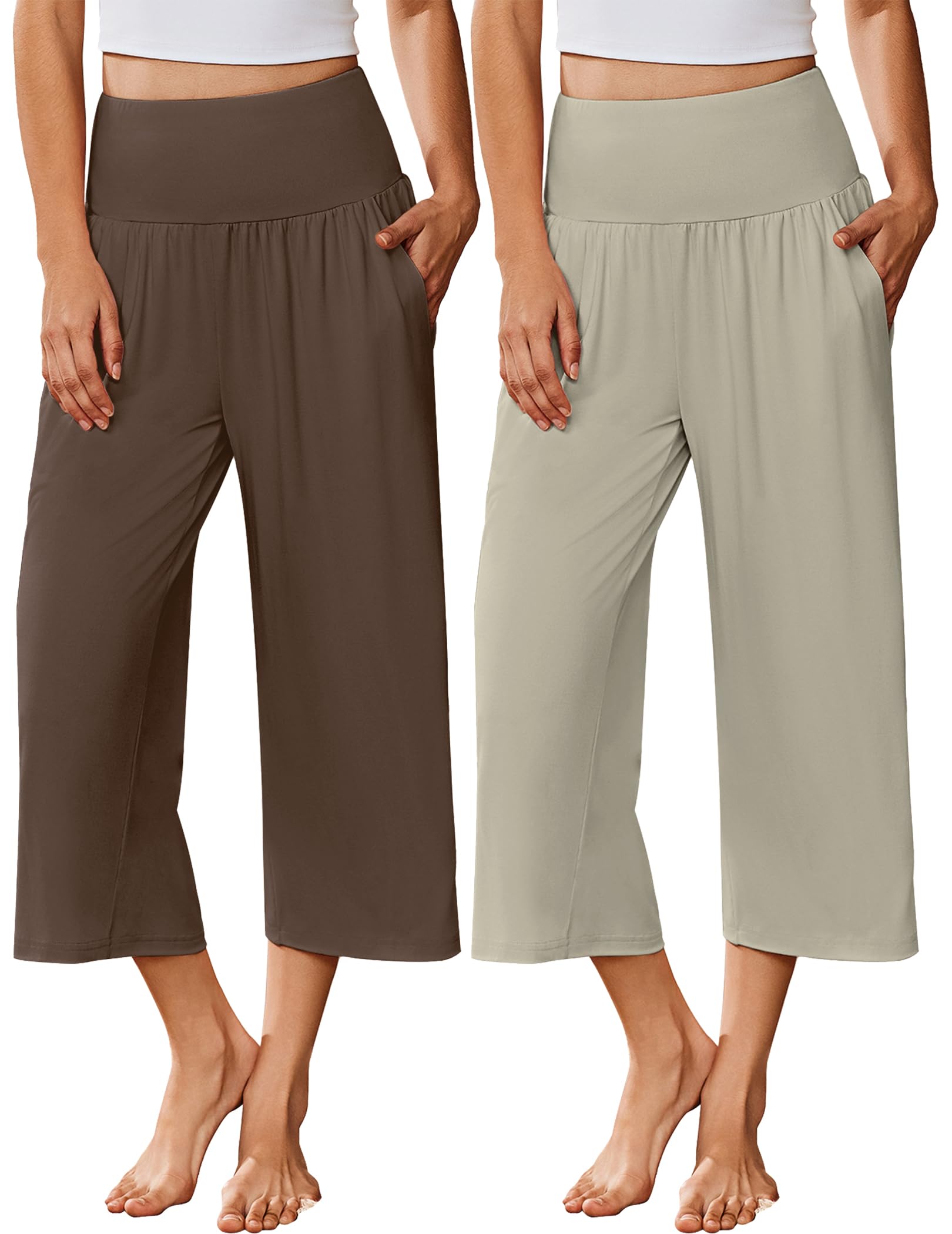 Ekouaer 2 Pack Womens Pajama Pants 2026 Wide Leg Capri Yoga Pants Lounge Comfy Sleep Pj Bottoms with Pockets
