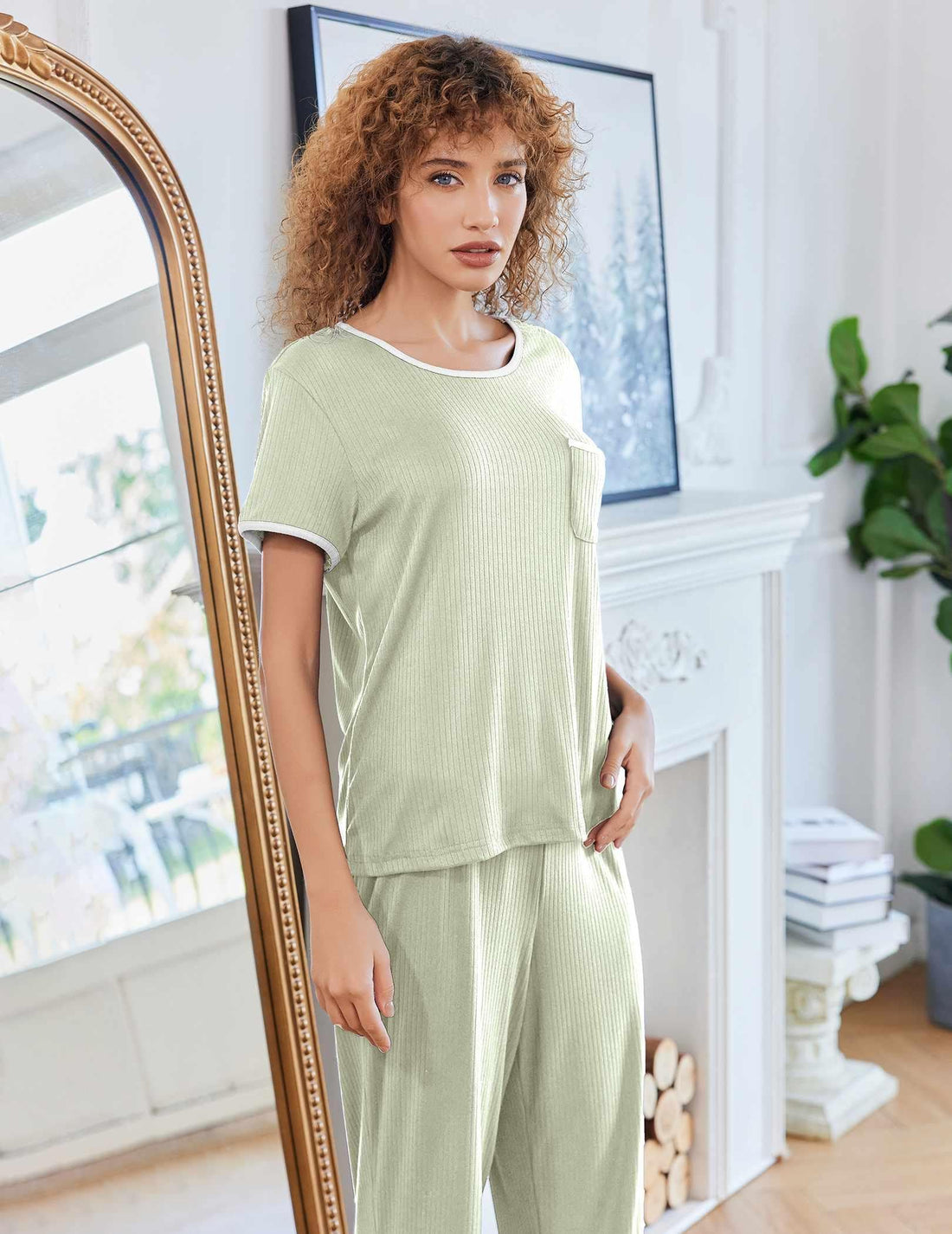 Ekouaer Women Lounge Pajamas Sets Ribbed Knit PJ Short Sleeve and Long Pajama Pant Soft 2 Piece Sleepwear Loungwear Set