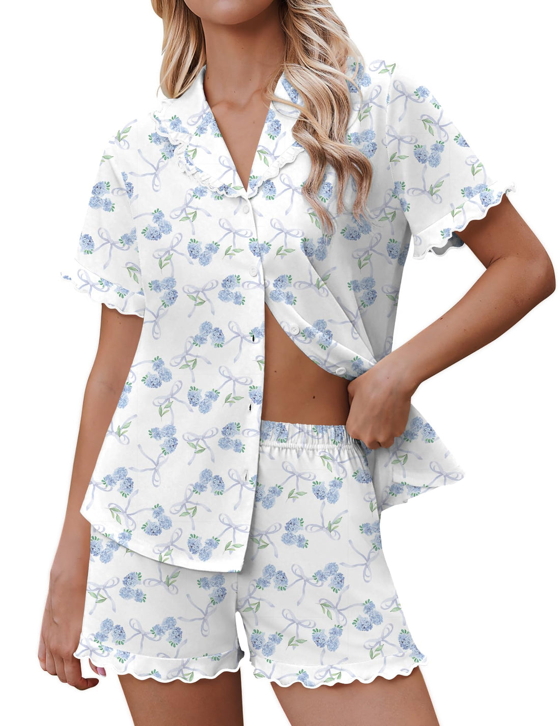 Ekouaer Pajamas for Women Sets Cute Pjs Button Down 2 Piece Short Sleeve Ruffle Lounge Set Sleepwear WEBE CLOTHING