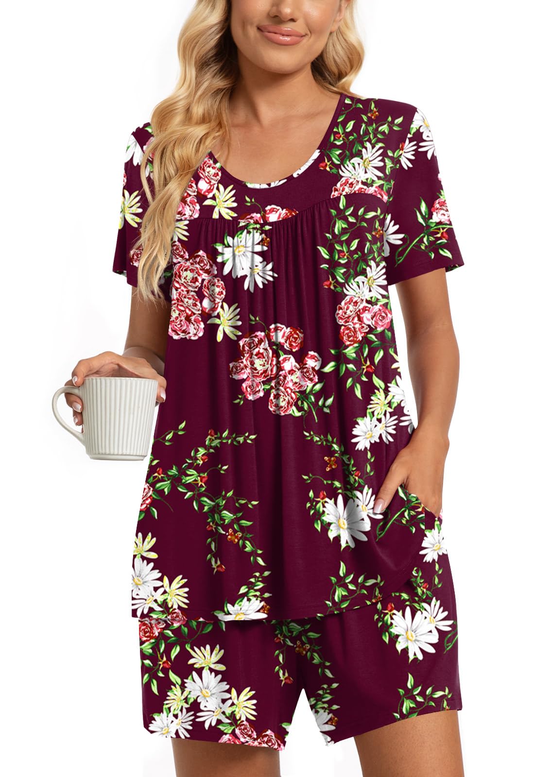 TAOHUADAO 2 Piece Women's Short Sleeve Pajama Sets, Lounge Sleepwear Ladies Pjs Sets with Pockets