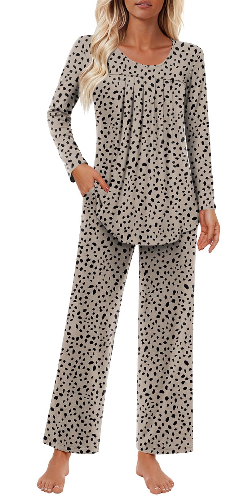 Findsweet Women's Pajama Set 2 Piece Lounge Outfits Soft Sleepwear Fall Long Sleeve Long Pant With Pockets Ladies Pjs S-3XL