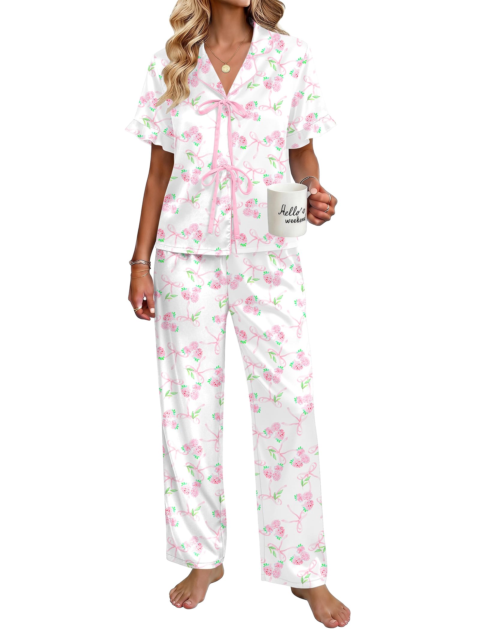 Ekouaer Womens Satin Pajama Sets Silky Tie Front Ruffle Pjs Sets Sleepwear | Soft lightweight satin fabric; tie-front top with ruffle cuffs, ideal for loungewear, bridal party and vacation wear WEBE CLOTHING