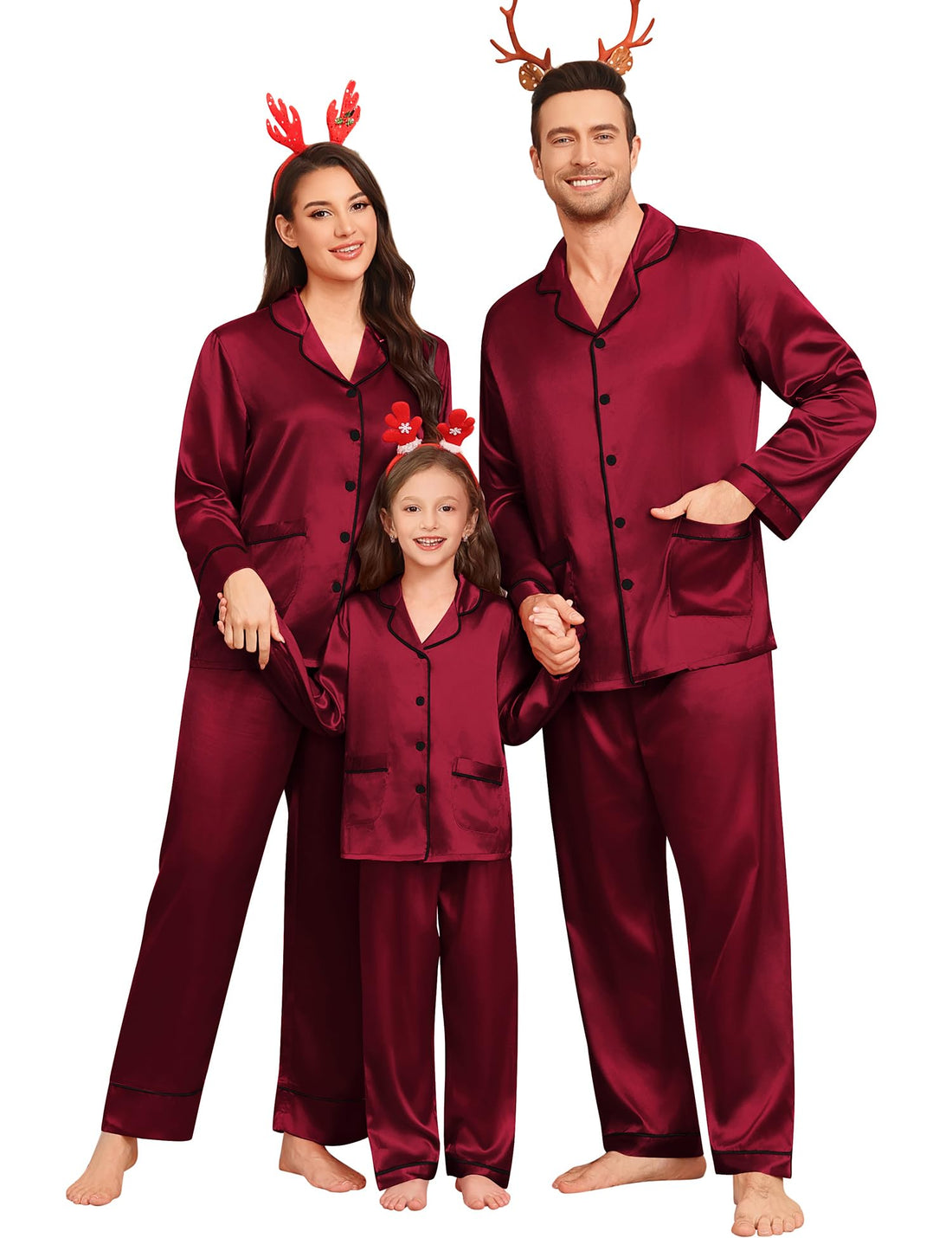 SWOMOG Matching Family Pajamas Set Women & Men & Kids Silk Satin Pjs 2 Pcs Long Sleeve Button Down Sleepwear with 2 Pockets
