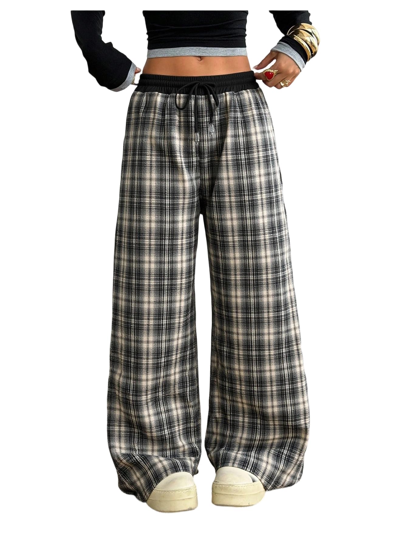 SOLY HUX Women's Plaid Checkered Pants Flannel Pajama Pants Lounge Wide Leg Baggy Sweatpants with Pockets