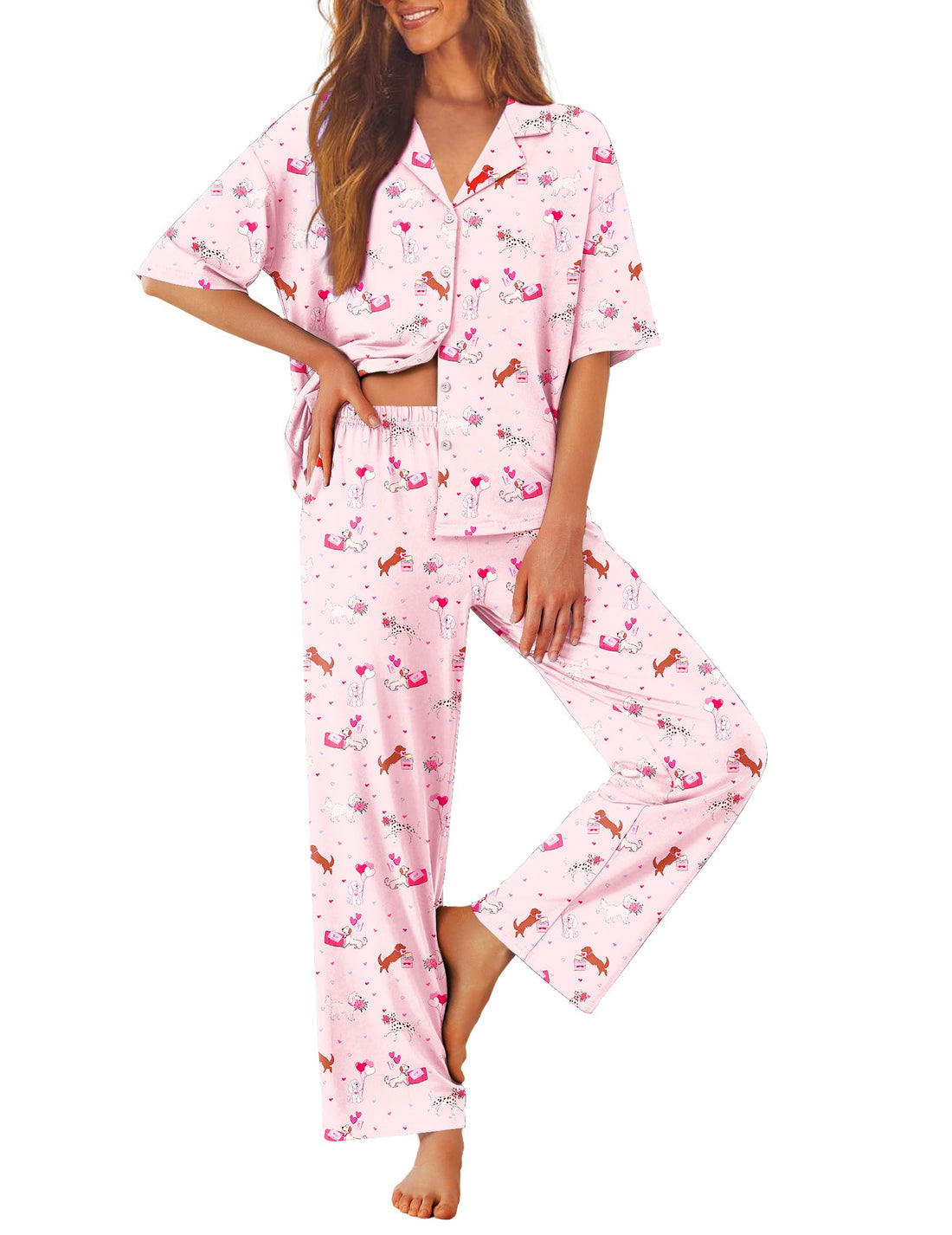 Ekouaer Women Pajamas Set Button Down Sleepwear Short Sleeve Pjs Soft Comfy Nightwear with Long Pants S-XXL