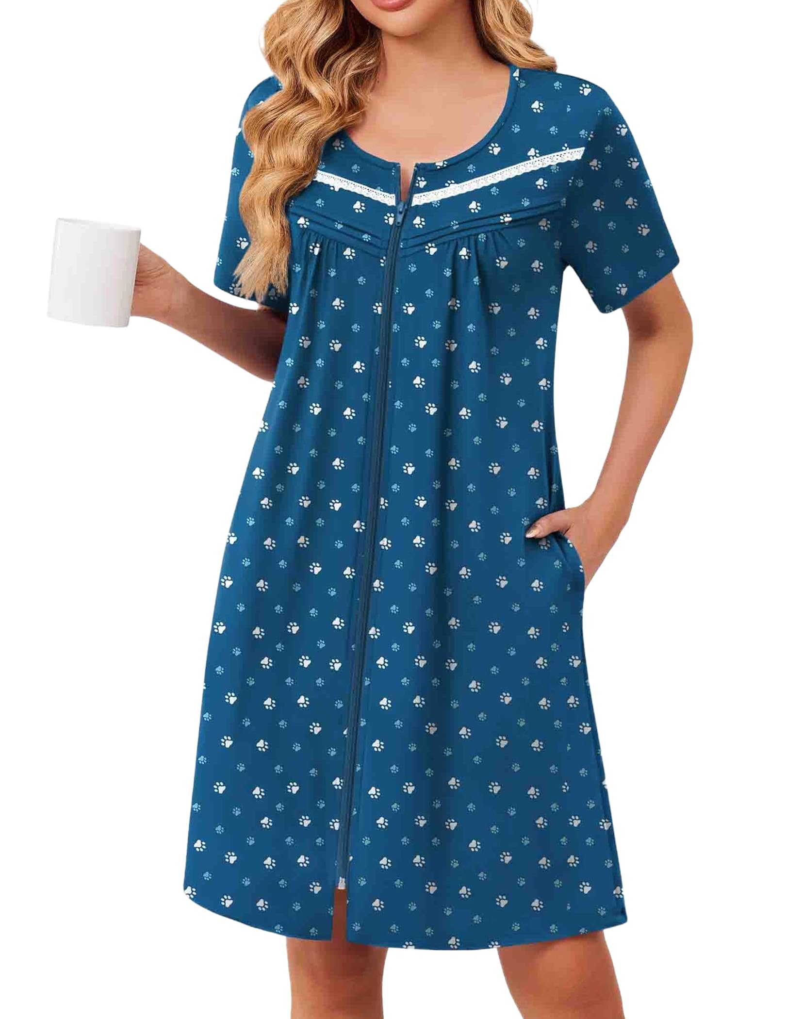 Ekouaer Womens Zip Up Robe Lace Short Sleeve Bathrobes | Knee Length Zipper Housecoat, Lightweight Nightgowns,Zipper Front House Coat with Pockets