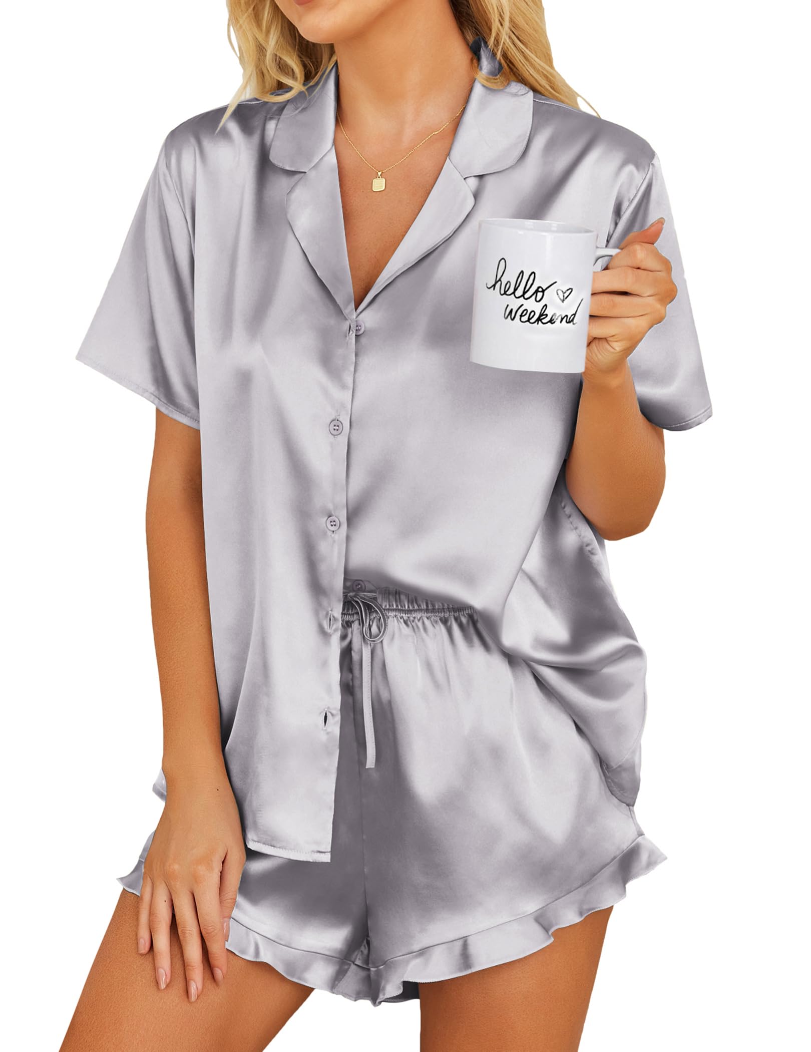 Ekouaer Womens Satin Pajamas Set Button Down 2 Piece Silk Pjs Shorts Set Ruffle Lingerie Notch Collar Sleepwear