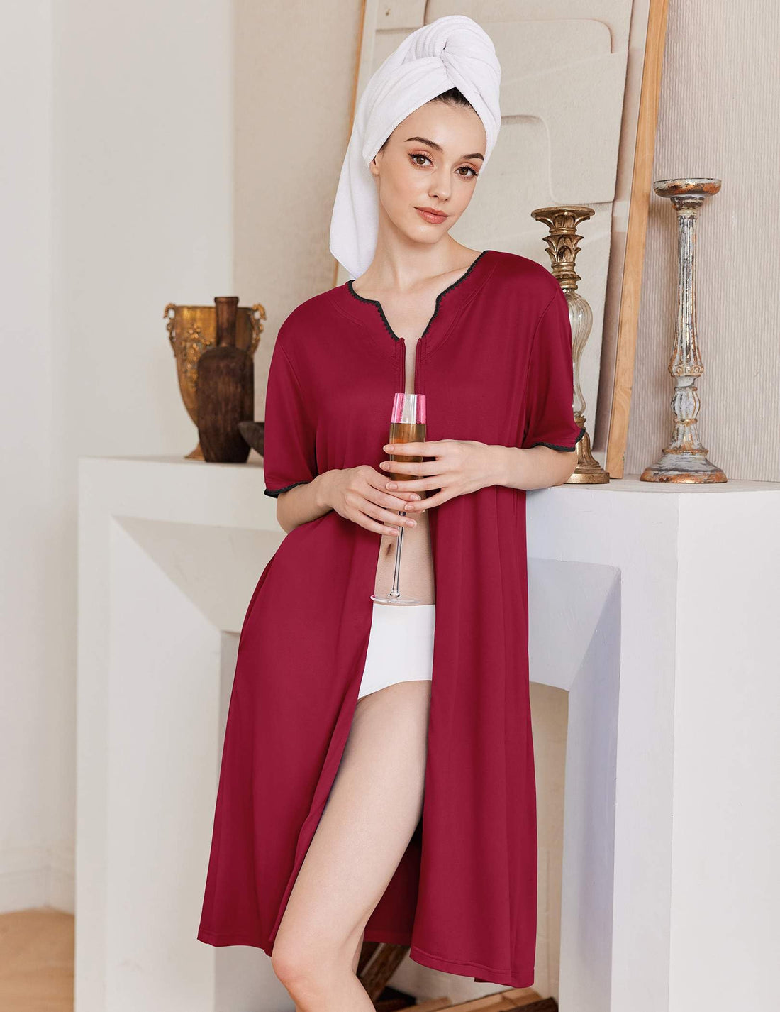 Ekouaer Zipper Robes for Women Knee Length Bathrobe Lightweight Housecoat Short Sleeve Nightgown with Pockets S-3XL WEBE CLOTHING