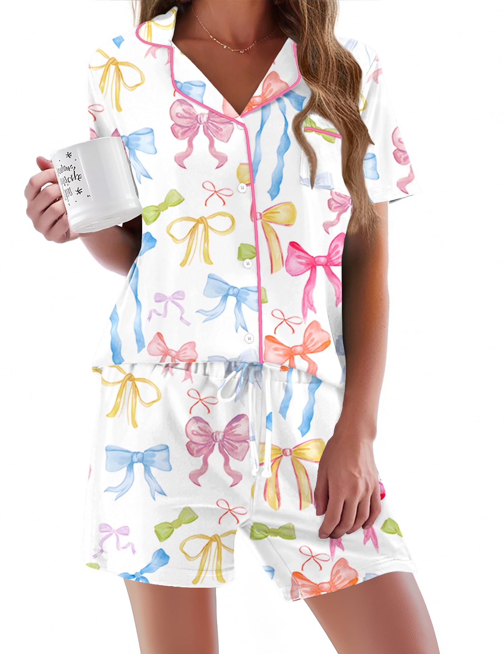 Ekouaer Pajamas Set for Women Short Sleeve Sleepwear Button Down Pjs Soft 2 Piece Lounge Sets XS-XXXL