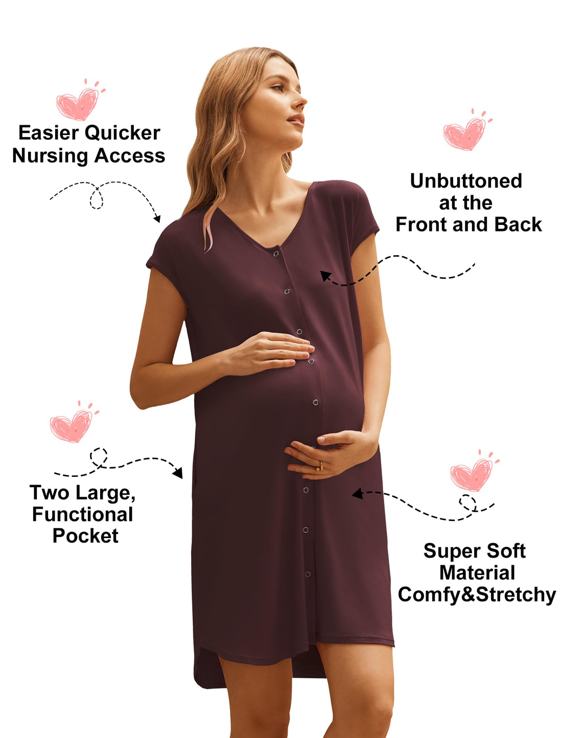 Ekouaer Labor and Delivery Gown for Hospital Birthing Gown Nursing Dress | Open Back Birthing Gown, Maternity Nursing Pajamas Dress Breastfeeding, Button C Section Postpartum Clothes
