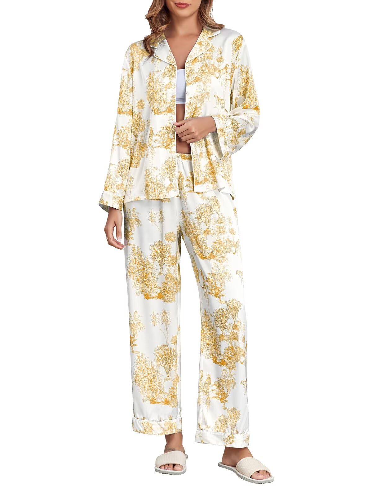 Brosloth Women's Silk Satin Pajamas Long Sleeve Button Up Loungewear Set | Button Down Animal Print Pajamas, Ladies Fancy Pajama sets, Two Piece Lounge Set, Notch Collar Lightweight Sleepwear, Gift WEBE CLOTHING