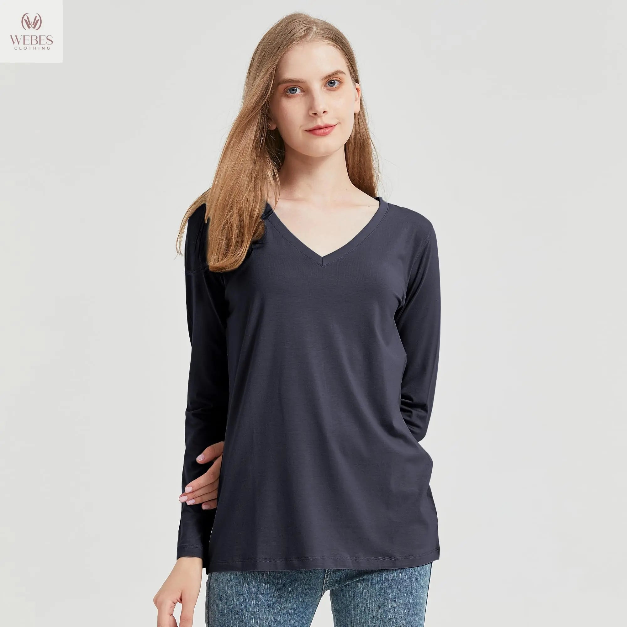 netdraw Women's Bamboo Viscose Long Sleeve V-Neck T-Shirt Soft Comfy Trendy Casual Sleep Pajama Lounge Tops