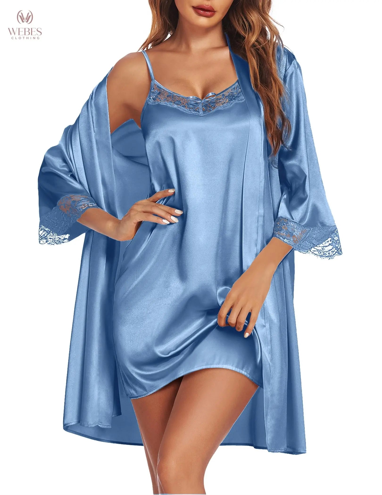 Ekouaer Sleepwear Women's Satin Nightgown with Robes Set 2 Piece Sexy Lace Cami Nightwear WEBE CLOTHING