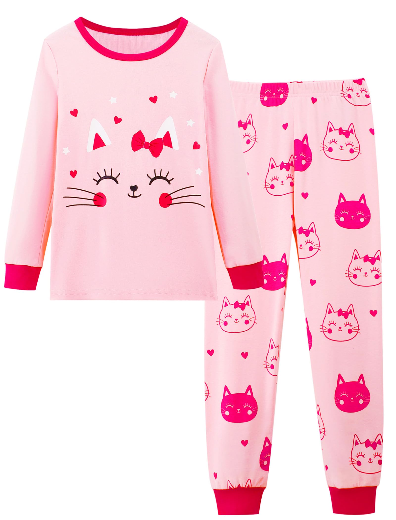 Mikrdoo Girls Pajamas Kids Soft Cute Cotton Long Sleeve 2 Piece Stretchy Snug Fit Pjs Set for Girls Size 4-14Y