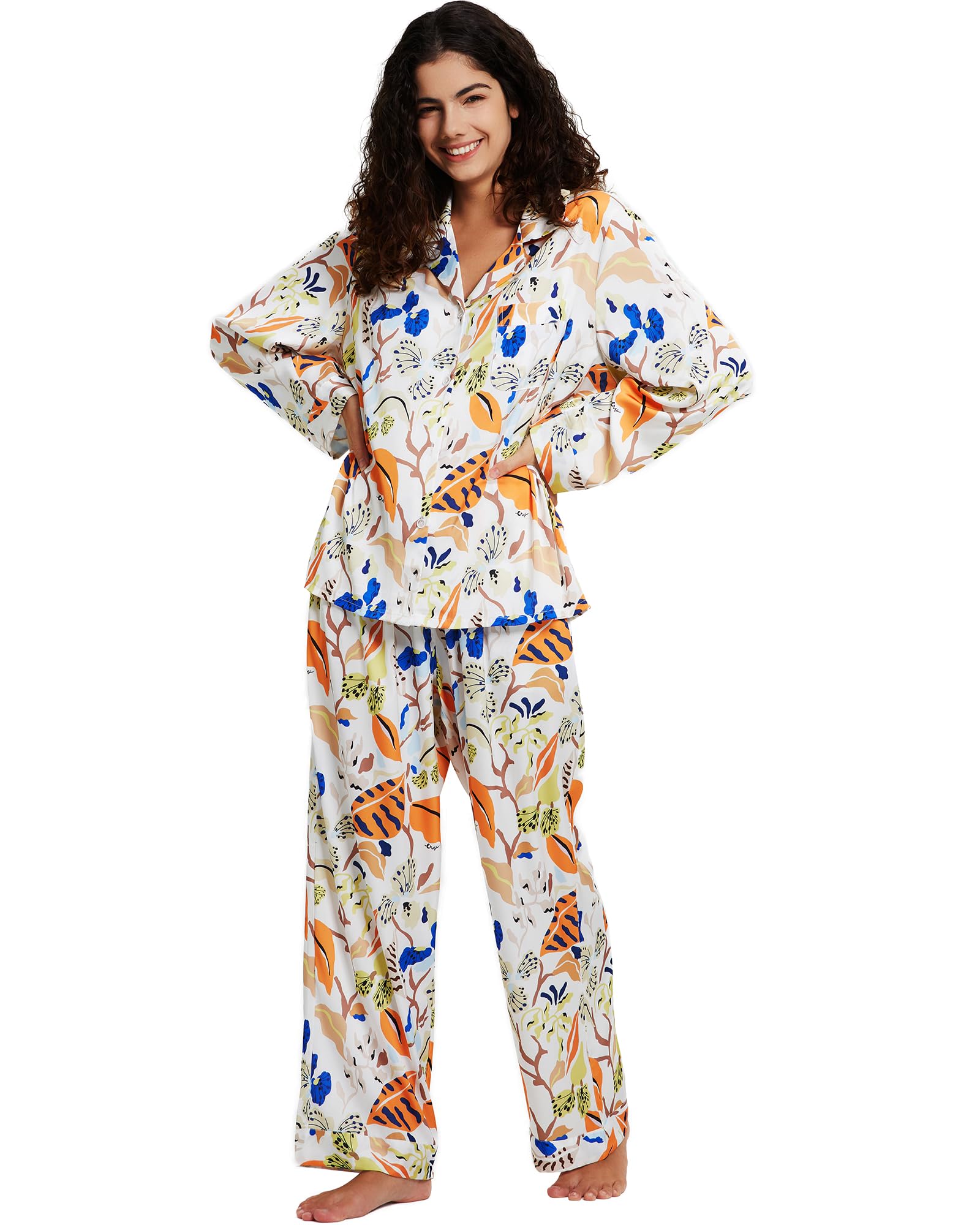 YiNi LuLu Womens Silk Satin Pajamas Set Button Down 2 Piece Pjs Long Sleeve Oversized Sleepwear with Pockets