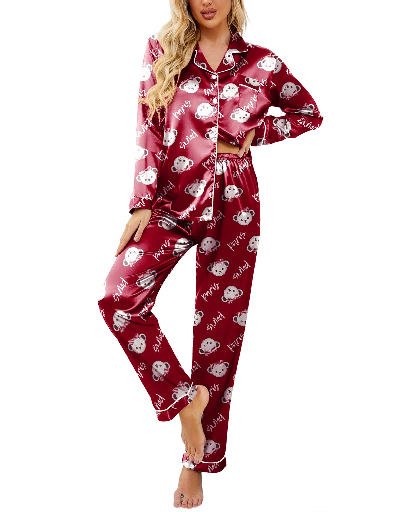 Ekouaer Womens Satin Silky Pajama Set Classic Pattern Button Down Pjs Set | Soft Fabric, Long Sleeve Notch Collar with Contrast Piping, Chest Pocket, Gifting Sleepwear WEBE CLOTHING