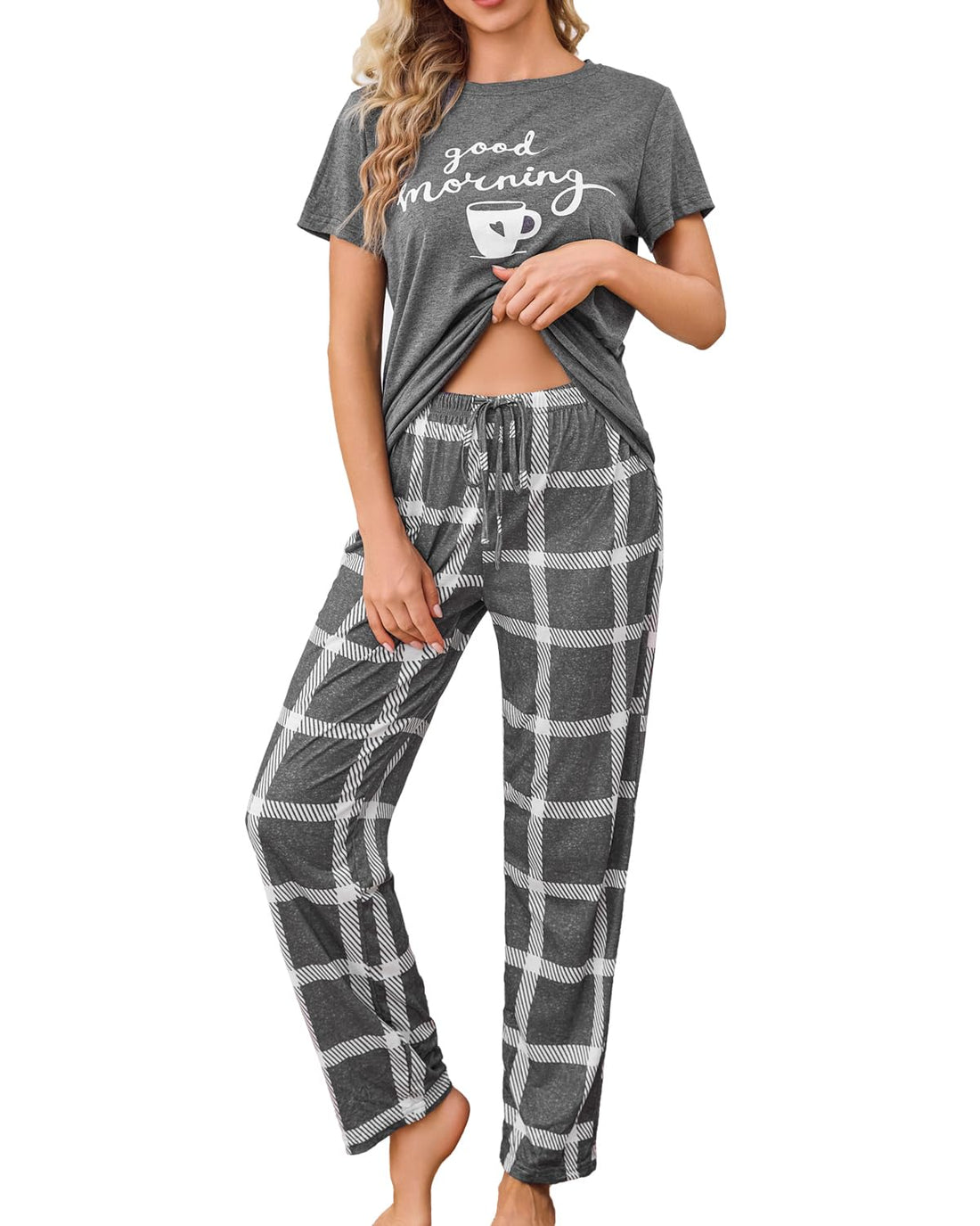 difficort Womens Pajama Sets Short Sleeve Pjs Tops with Long Pants Sleepwear Lounge Set with Pocket WEBE CLOTHING