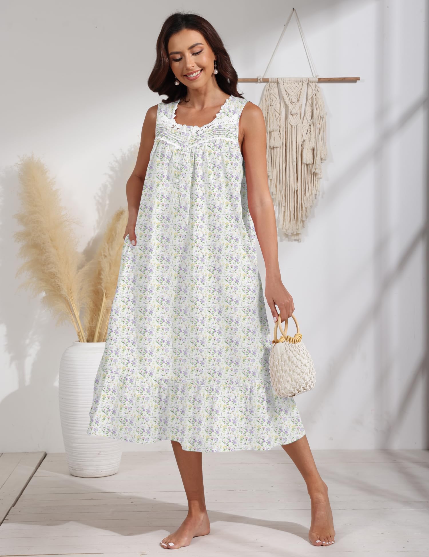 100% Cotton Floral Pearl Snap Nightgown for Women Sleeveless Victorian Sleep Dress Cotton Nightgowns with Pockets WEBE CLOTHING